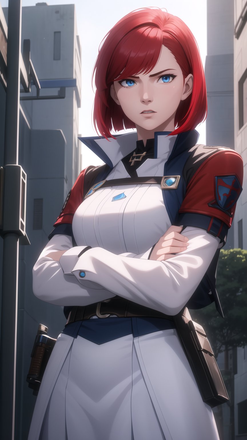 Anime-Style Image of A Gorgeous 20-Year-Old British Female Vampire Slayer, (Wavy Bobcut Red Hair), (Pale Skin), (Blue Eyes), (Wearing White and Blue Tactical Assassin Outfit), (Modern City Road at Noon), (Crossed Arms Pose), (Waist Up Shot), (View From Front), Realistic Lighting, Intricate Face Detail, Intricate Hand Details, Vibrant Colors, Highly Detailed, High Definition, Trending on Artstation--style raw,arcane style