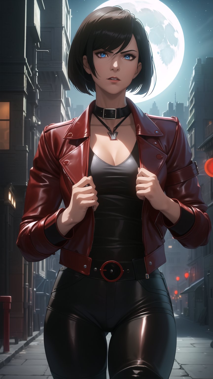 Anime-Style Image of A Gorgeous 25 Years Old British Female Vampire Mercenary, (Unkempt Bobcut Black Hair), (Pale Skin), (Blue Eyes), (Serious Face), (Wearing Red Leather Jacket, Black V-Neck Inner Shirt, and Black Tight Pants:1.4), (Moonlit City Road at Night:1.4), (Wearing a Jacket while Walking Pose:1.2), (Waist Up Shot), (View From Front), Realistic Lighting, Intricate Face Detail, Intricate Hand Details, Vibrant Colors, Highly Detailed, High Definition, Trending on Artstation--style raw,arcane style