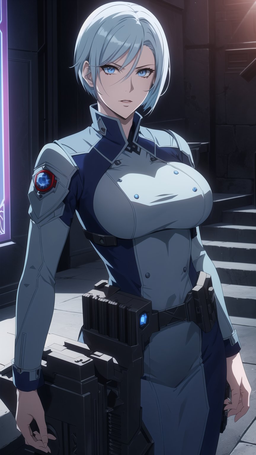 Anime-style Image of An Enigmatic 30-Year-Old Female Vampire Hitwoman, (Light Blue Wolfcut Hair:1.4), (Sharp Blue Eyes), (Pale Skin:1.2), (Serious Looking), (Wearing Navy Blue Tactical Infiltration Suit with Tech Gadgets:1.2), (Red Castle Hall at Night:1.2), (Standing Pose:1.2), (Waist-Up Shot:1.2), (View From Front:1.2), Realistic Lighting, Intricate Face Detail, Intricate Hand Details, Vibrant Colors, Highly Detailed, High Definition, Trending on Artstation--style raw,castlevania style