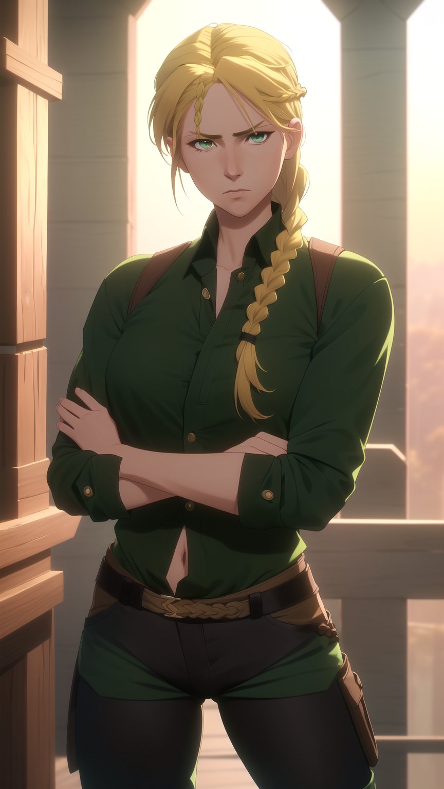 Anime-Style Image of A Resilient 25-Year-Old British Female Hunter, (Blonde Hair in a Single Braid:1.4), (Dark Green Eyes), (Serious Face), (Fair Skin), (Wearing Loose-buttoned Dark Green Shirt and Black Tight Pants:1.4), (Outback Wilderness at Night:1.2), (Crossed Arms Pose:1.2), (Waist Up Shot), (View From Front), Realistic Lighting, Intricate Face Detail, Intricate Hand Details, Vibrant Colors, Highly Detailed, High Definition, Trending on Artstation--style raw,arcane style