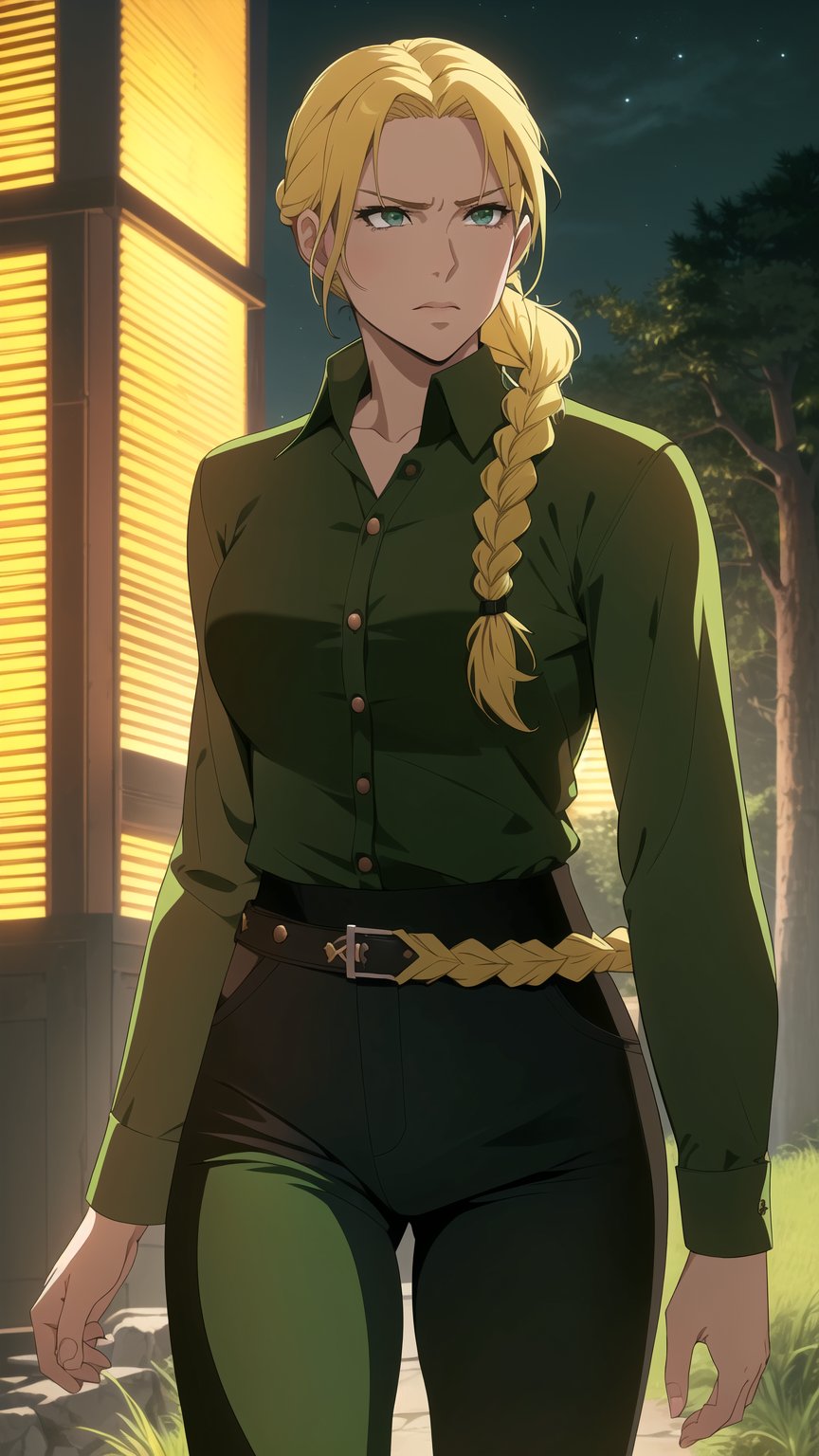 Anime-style Image of A Resilient 25-Year-Old British Female Hunter, (Blonde Hair in a Single Braid:1.4), (Serious Face), (Dark Green Eyes), (Fair Skin), (Wearing Loose-buttoned Dark Green Shirt and Black Tight Pants:1.4), (Dark Pine Forest at Night:1.4), (Walking Pose:1.2), (Waist-Up Shot:1.2), (View From Front:1.2), Realistic Lighting, Intricate Face Detail, Intricate Hand Details, Vibrant Colors, Highly Detailed, High Definition, Trending on Artstation--style raw,castlevania style