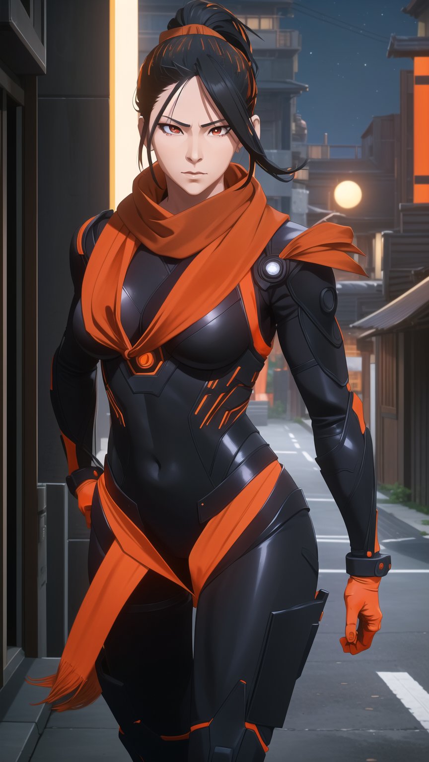 Anime-Style Image of A Stealthy 29-Year-Old Japanese Female Infiltrator, (High Ponytail Black Hair), (Crimson Eyes), (Fair Skin with Agile Build), (Wearing Black and Orange Infiltration Suit with Orange Scarf:1.4), (Moonlit City Road at Night:1.2), (Walking Pose:1.2), (Waist Up Shot), (View From Front), Realistic Lighting, Intricate Face Detail, Intricate Hand Details, Vibrant Colors, Highly Detailed, High Definition, Trending on Artstation--style raw,arcane style