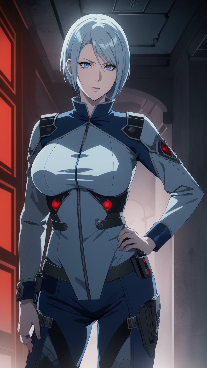 Anime-style Image of An Enigmatic 30-Year-Old Female Vampire Hitwoman, (Light Blue Wolfcut Hair:1.4), (Sharp Blue Eyes), (Pale Skin:1.2), (Serious Looking), (Wearing Navy Blue Tactical Infiltration Suit with Tech Gadgets:1.2), (Red Castle Hall at Night:1.2), (Standing Pose:1.2), (Waist-Up Shot:1.2), (View From Front:1.2), Realistic Lighting, Intricate Face Detail, Intricate Hand Details, Vibrant Colors, Highly Detailed, High Definition, Trending on Artstation--style raw,castlevania style