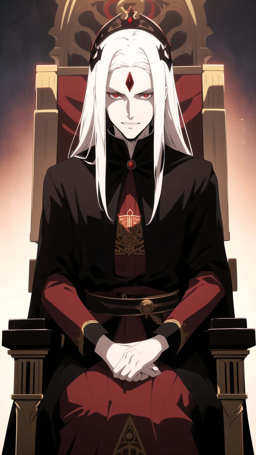 Anime-style Image of A Fierce 30-Year-Old Male Vampire Lord, (Messy Long White Hair), (Pale Skin), (Small Grin:1.2), (Dark Red Eyes), (Wearing Full Black Royal Attire:1.4), (Red Castle Hall at Night:1.2), (Sitting on Throne:1.4), (Waist-Up Shot:1.2), (View From Front:1.2), Realistic Lighting, Intricate Face Detail, Intricate Hand Details, Vibrant Colors, Highly Detailed, High Definition, Trending on Artstation--style raw,castlevania style