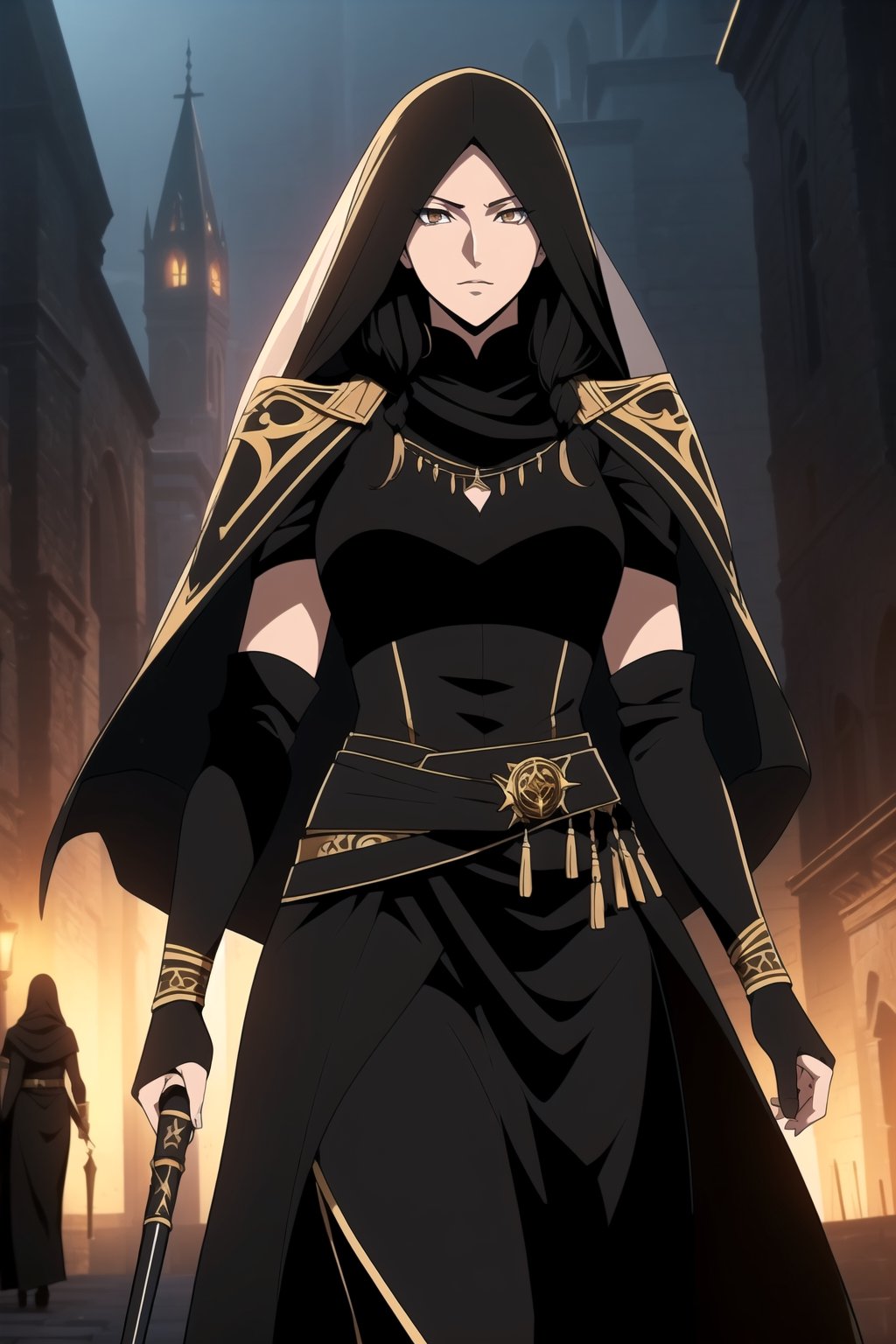 (A Gorgeous 25-Year-Old Middle-Eastern Female Assassin), (Long, Straight Black Hair), (Fair Skin), (Brownish Golden Eyes:1.4), (Wearing Black and Gold Assassin Outfit with Black Veil:1.4), (Desert Arabian City at Night), (Walking in the Crowds Pose:1.4), Centered, (Waist-up Shot:1.4), (From Front Shot:1.2), Insane Details, Intricate Face Detail, Intricate Hand Details, Cinematic Shot and Lighting, Realistic and Vibrant Colors, Masterpiece, Sharp Focus, Ultra Detailed, Realistic Drawing, Depth of Field, Incredibly Realistic Environment and Scene, Master Composition and Cinematography, castlevania style,castlevania style