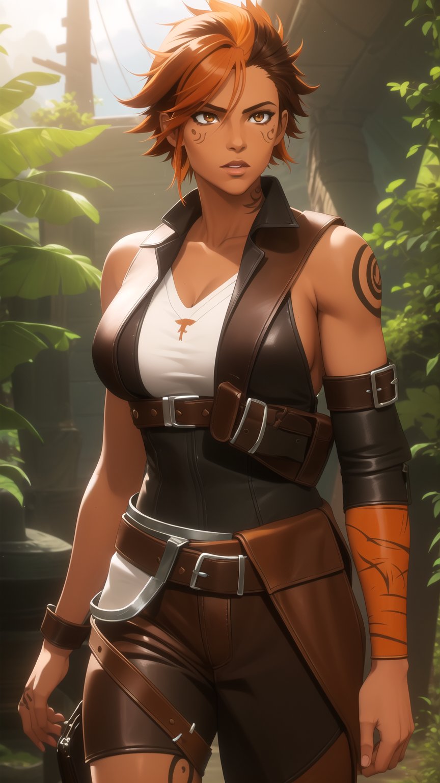 Anime-Style Image of An Energetic 25-Year-Old Female Werewolf Tracker, (Unkempt Dark Orange Hair), (Amber Wolfish Eyes), (Tanned Skin with Tribal Tattoos), (Wearing Brown Tracker's Leather Attire:1.2), (Hunting Grounds in the Wild:1.2), (Walking Pose:1.2), (Waist Up Shot), (View From Front), Realistic Lighting, Intricate Face Detail, Intricate Hand Details, Vibrant Colors, Highly Detailed, High Definition, Trending on Artstation--style raw,arcane style