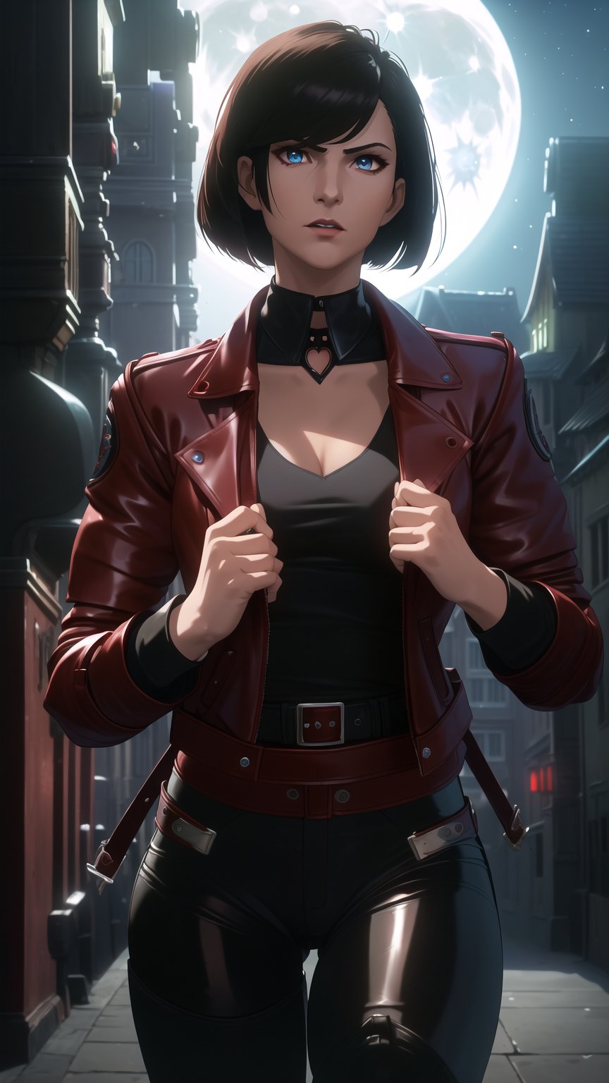 Anime-Style Image of A Gorgeous 25 Years Old British Female Vampire Mercenary, (Unkempt Bobcut Black Hair), (Pale Skin), (Blue Eyes), (Serious Face), (Wearing Red Leather Jacket, Black V-Neck Inner Shirt, and Black Tight Pants:1.4), (Moonlit City Road at Night:1.4), (Wearing a Jacket while Walking Pose:1.2), (Waist Up Shot), (View From Front), Realistic Lighting, Intricate Face Detail, Intricate Hand Details, Vibrant Colors, Highly Detailed, High Definition, Trending on Artstation--style raw,arcane style