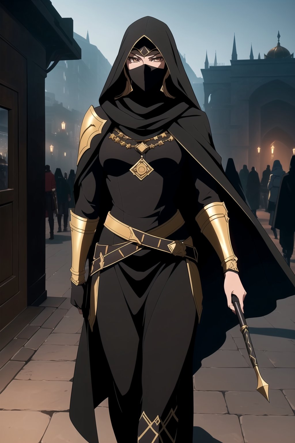 (A Gorgeous 25-Year-Old Middle-Eastern Female Assassin), (Long, Straight Black Hair), (Fair Skin), (Brownish Golden Eyes:1.4), (Wearing Black and Gold Assassin Outfit with Veil:1.4), (Desert Arabian City at Night), (Walking in the Crowds Pose:1.4), Centered, (Waist-up Shot:1.4), (From Front Shot:1.2), Insane Details, Intricate Face Detail, Intricate Hand Details, Cinematic Shot and Lighting, Realistic and Vibrant Colors, Masterpiece, Sharp Focus, Ultra Detailed, Realistic Drawing, Depth of Field, Incredibly Realistic Environment and Scene, Master Composition and Cinematography, castlevania style,castlevania style