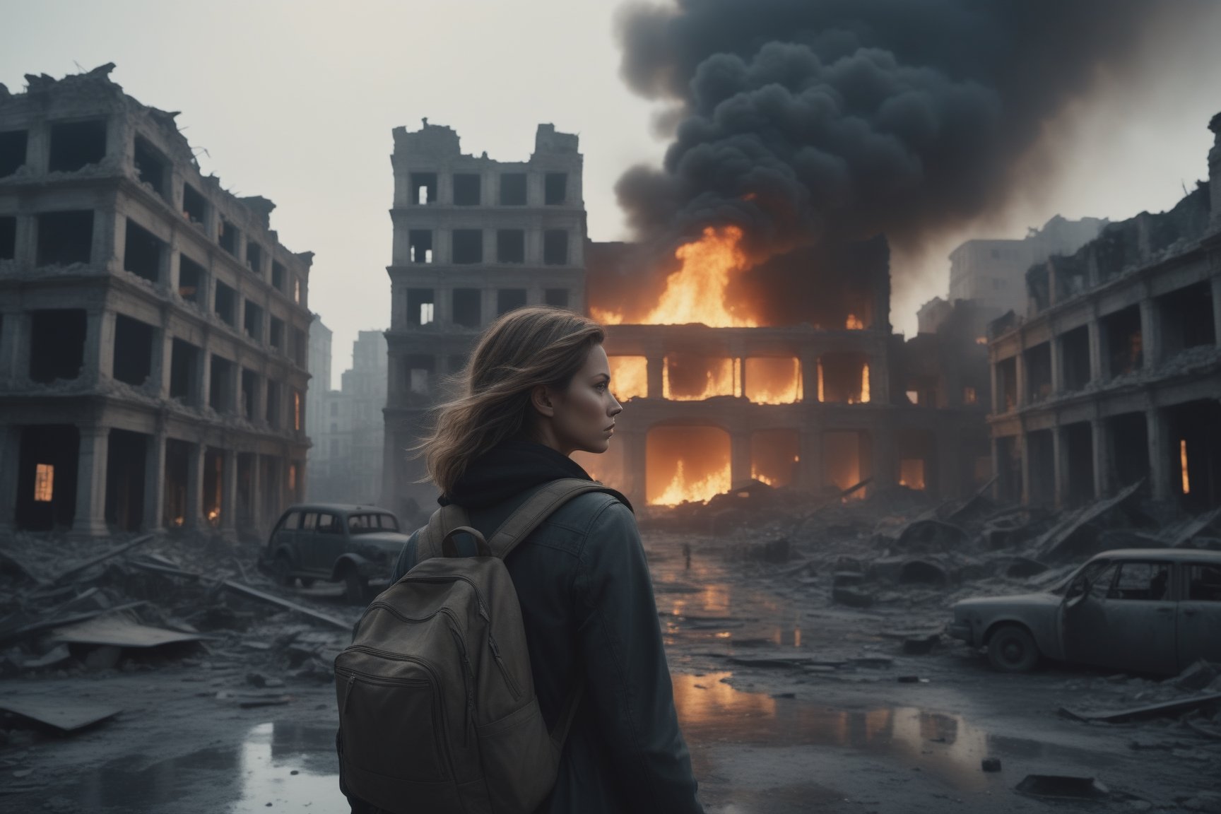 Ultra Realistic Movie Still of One Female Survivor Walking through the City Ruins after War,  Monochromatic Image,  One Pe...