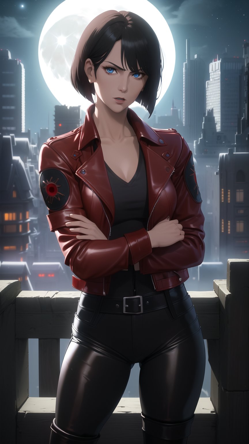 Anime-Style Image of A Gorgeous 25 Years Old British Female Vampire Mercenary, (Unkempt Bobcut Black Hair), (Pale Skin), (Blue Eyes), (Serious Face), (Wearing Red Leather Jacket, Black V-Neck Inner Shirt, and Black Tight Pants:1.4), (Moonlit City Buildings at Night:1.4), (Crossed Arms Pose), (Waist Up Shot), (View From Front), Realistic Lighting, Intricate Face Detail, Intricate Hand Details, Vibrant Colors, Highly Detailed, High Definition, Trending on Artstation--style raw,arcane style