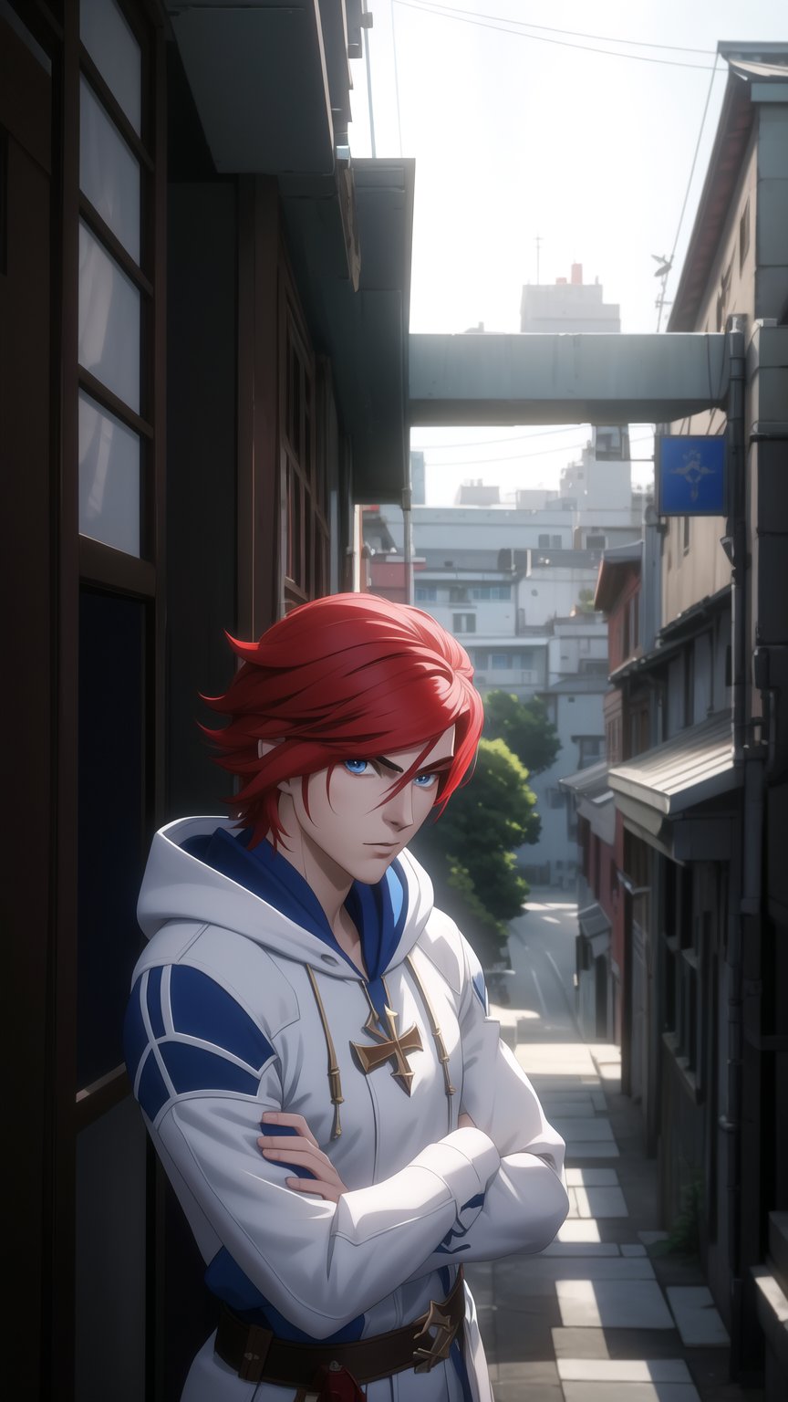 Anime-Style Image of A Handsome 25-Year-Old British Male Vampire Slayer, (Messy Short Red Hair:1.2), (Pale Skin), (Blue Eyes), (Wearing White and Blue Hooded Assassin Outfit:1.2), (Modern City Road at Noon), (Crossed Arms Pose:1.2), (Waist Up Shot), (View From Front), Realistic Lighting, Intricate Face Detail, Intricate Hand Details, Vibrant Colors, Highly Detailed, High Definition, Trending on Artstation--style raw,arcane style