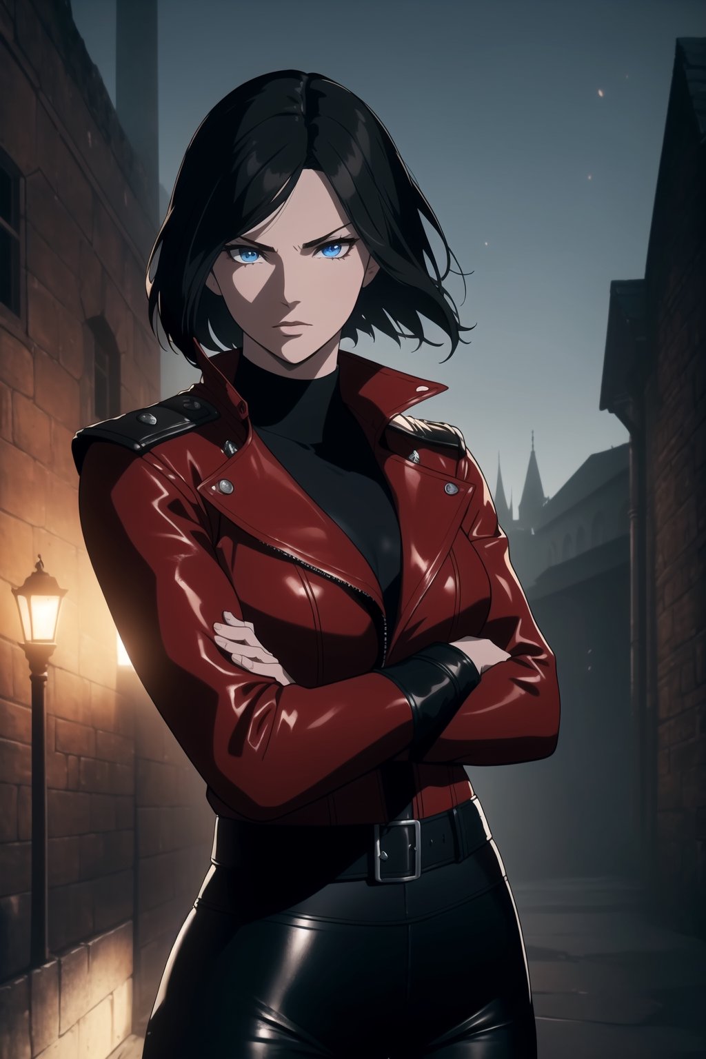 (A Gorgeous 25-Year-Old British Female Mercenary), (Wavy Bobcut Black Hair), (Pale Skin:1.2), (Sapphire Blue Eyes), (Wearing Red Leather Jacket, Black V-Neck Undershirt, and Black Tight Pants:1.4), (Moonlit City Road at Night), (Crossed Arms Pose:1.4), Centered, (Waist-up Shot:1.4), (From Front Shot:1.2), Insane Details, Intricate Face Detail, Intricate Hand Details, Cinematic Shot and Lighting, Realistic and Vibrant Colors, Masterpiece, Sharp Focus, Ultra Detailed, Taken with DSLR Camera, Realistic Photography, Depth of Field, Incredibly Realistic Environment and Scene, Master Composition and Cinematography, castlevania style,castlevania style