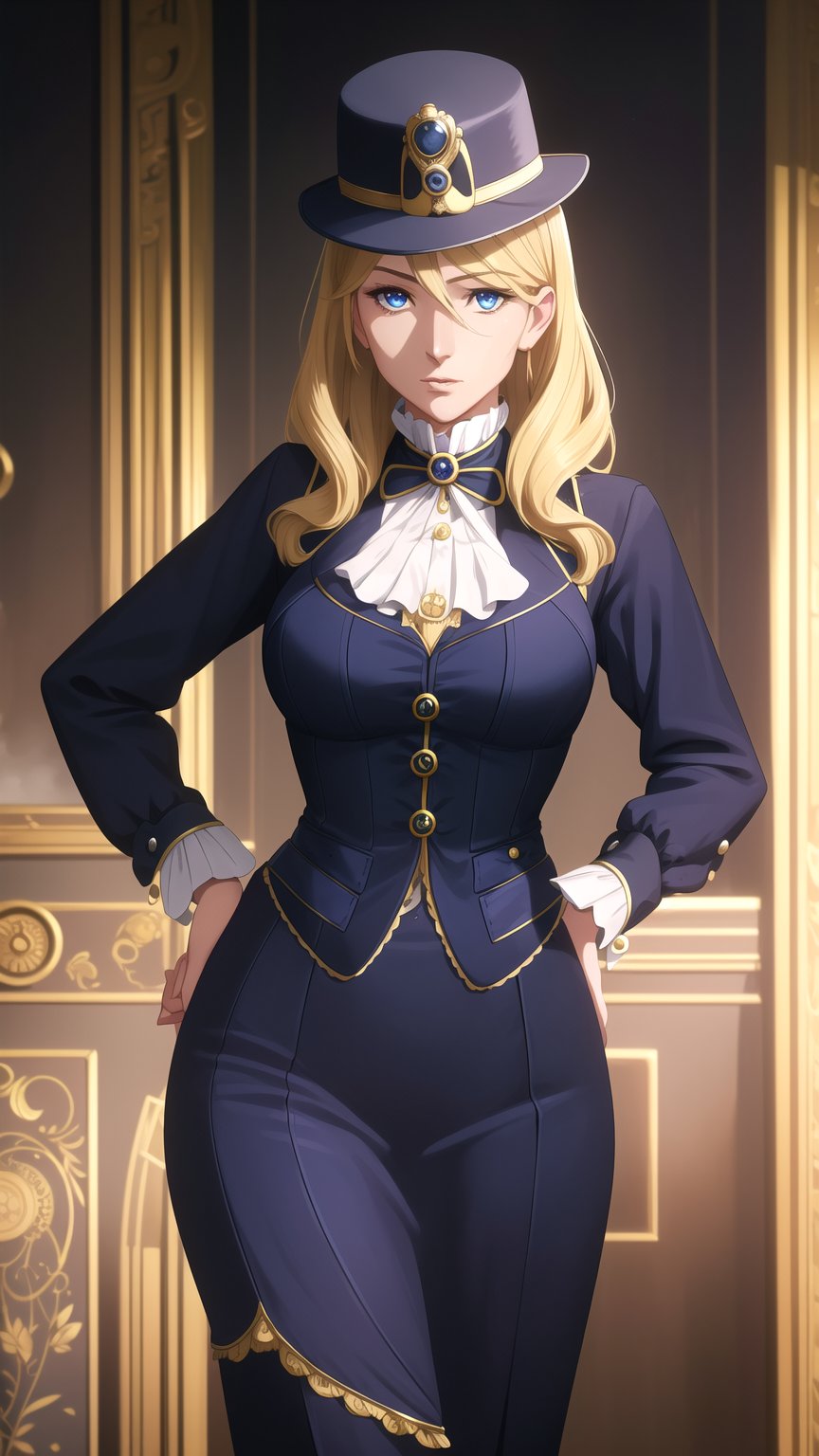 Anime-Style Image of An Elegant 28-Year-Old British Female Detective, (Long Wavy Blonde Hair), (Sapphire Blue Eyes with Monocle:1.2), (Fair Skin), (Dressed in Black and Yellow Victorian Detective Garb with Hat:1.4), (Foggy London Streets:1.2), (Elegant Pose:1.2), (Waist Up Shot), (View From Front), Realistic Lighting, Intricate Face Detail, Intricate Hand Details, Vibrant Colors, Highly Detailed, High Definition, Trending on Artstation--style raw,arcane style