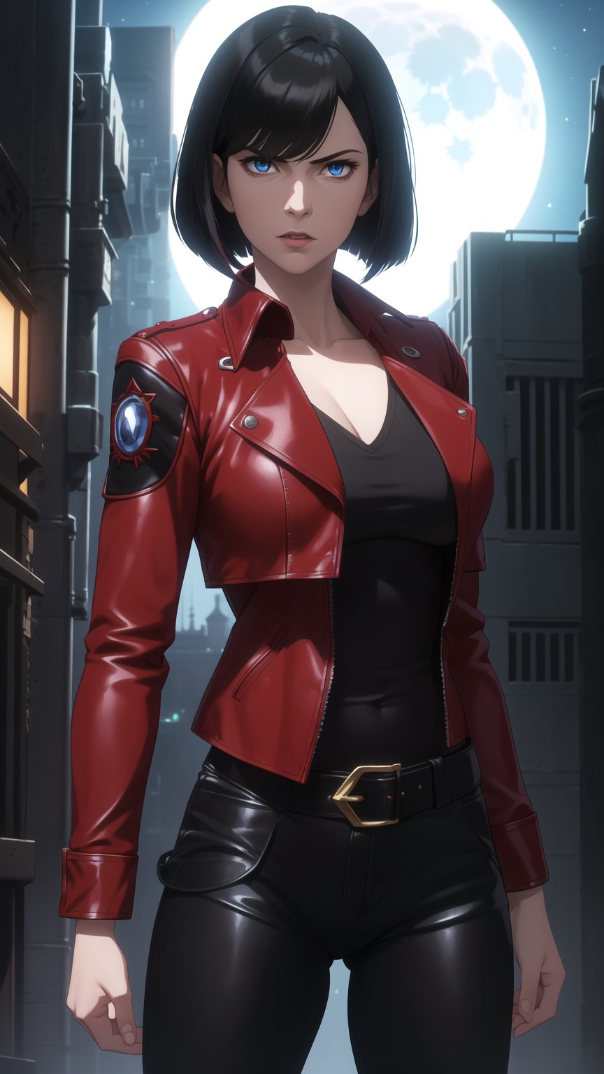 Anime-Style Image of A Gorgeous 25 Years Old British Female Vampire Mercenary, (Unkempt Bobcut Black Hair), (Pale Skin), (Blue Eyes), (Serious Face), (Wearing Red Leather Jacket, Black V-Neck Inner Shirt, and Black Tight Pants), (Moonlit City Buildings at Night), (Standing Pose), (Waist Up Shot), (View From Front), Realistic Lighting, Intricate Face Detail, Intricate Hand Details, Vibrant Colors, Highly Detailed, High Definition, Trending on Artstation--style raw,arcane style