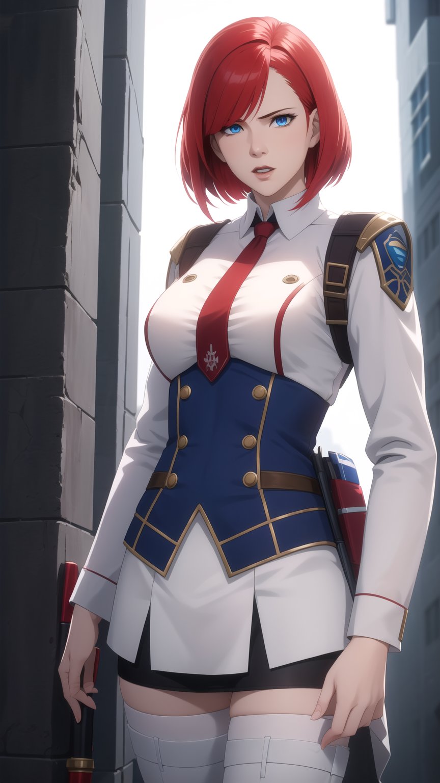 Anime-Style Image of A Gorgeous 20-Year-Old British Female Vampire Slayer, (Wavy Bobcut Red Hair), (Pale Skin), (Blue Eyes), (Wearing White and Blue Tactical Assassin Outfit), (Modern City Road at Noon), (Standing Pose), (Waist Up Shot), (View From Front), Realistic Lighting, Intricate Face Detail, Intricate Hand Details, Vibrant Colors, Highly Detailed, High Definition, Trending on Artstation--style raw,arcane style