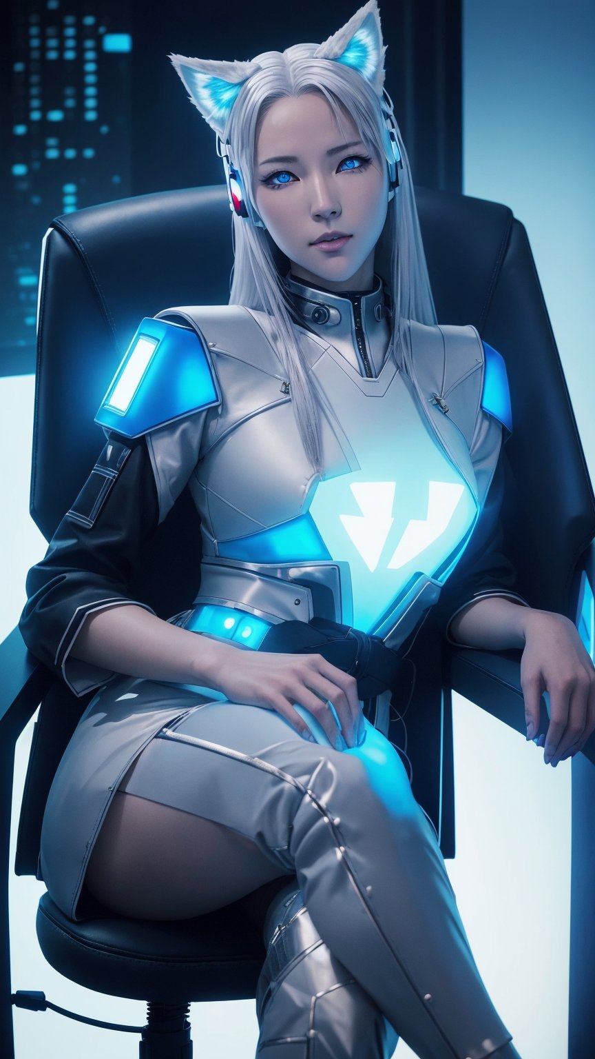 Photorealistic Image of A Cunning 27-Year-Old Japanese Female Kitsune Hacker, (Silver Fox Ears and Tail:1.2), (Glowing Blue Eyes), (Pale Skin), (Tech-Infused White-and-Blue Hacker Outfit:1.2), (Cyberpunk Tech Base:1.2), (Sitting on Chair Pose:1.4), (Waist-Up Shot), (View From Front:1.2), Realistic Lighting, Intricate Face Detail, Intricate Hand Details, Vibrant Colors, Highly Detailed, High Definition, Trending on Artstation--style raw,castlevania style