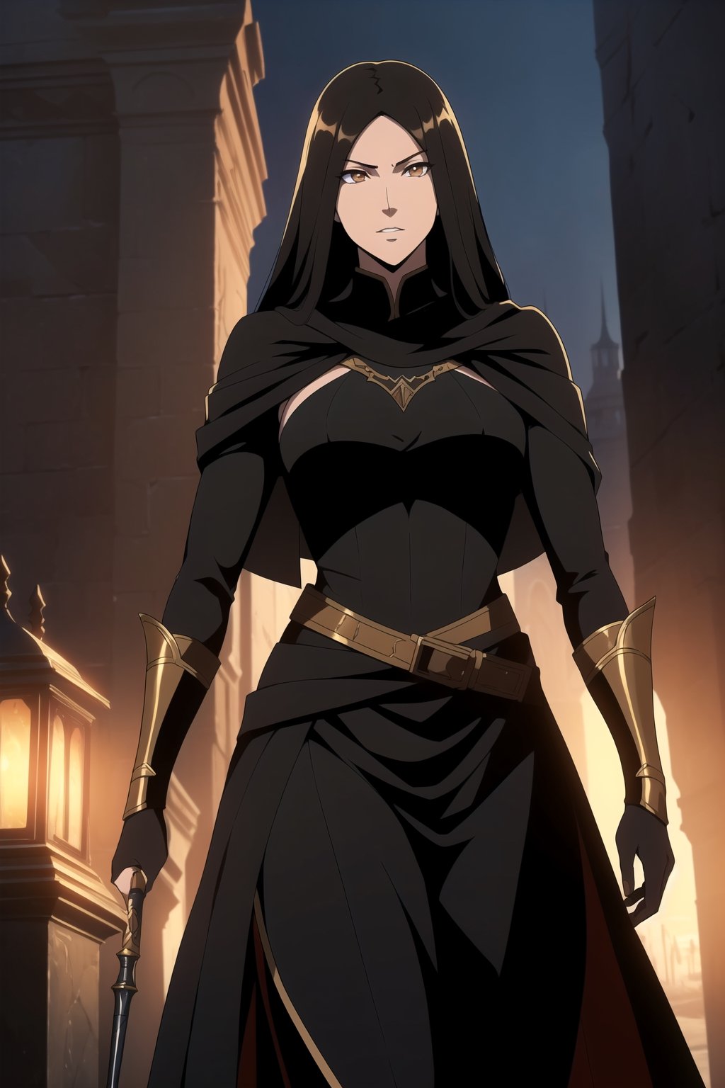 (A Gorgeous 25-Year-Old Middle-Eastern Female Assassin), (Long, Straight Black Hair), (Fair Skin), (Brownish Golden Eyes:1.4), (Wearing Black Veiled Assassin Outfit with Golden Lining:1.4), (Desert Arabian City at Night), (Walking in the Crowds Pose:1.4), Centered, (Waist-up Shot:1.4), (From Front Shot:1.2), Insane Details, Intricate Face Detail, Intricate Hand Details, Cinematic Shot and Lighting, Realistic and Vibrant Colors, Masterpiece, Sharp Focus, Ultra Detailed, Realistic Drawing, Depth of Field, Incredibly Realistic Environment and Scene, Master Composition and Cinematography, castlevania style,castlevania style