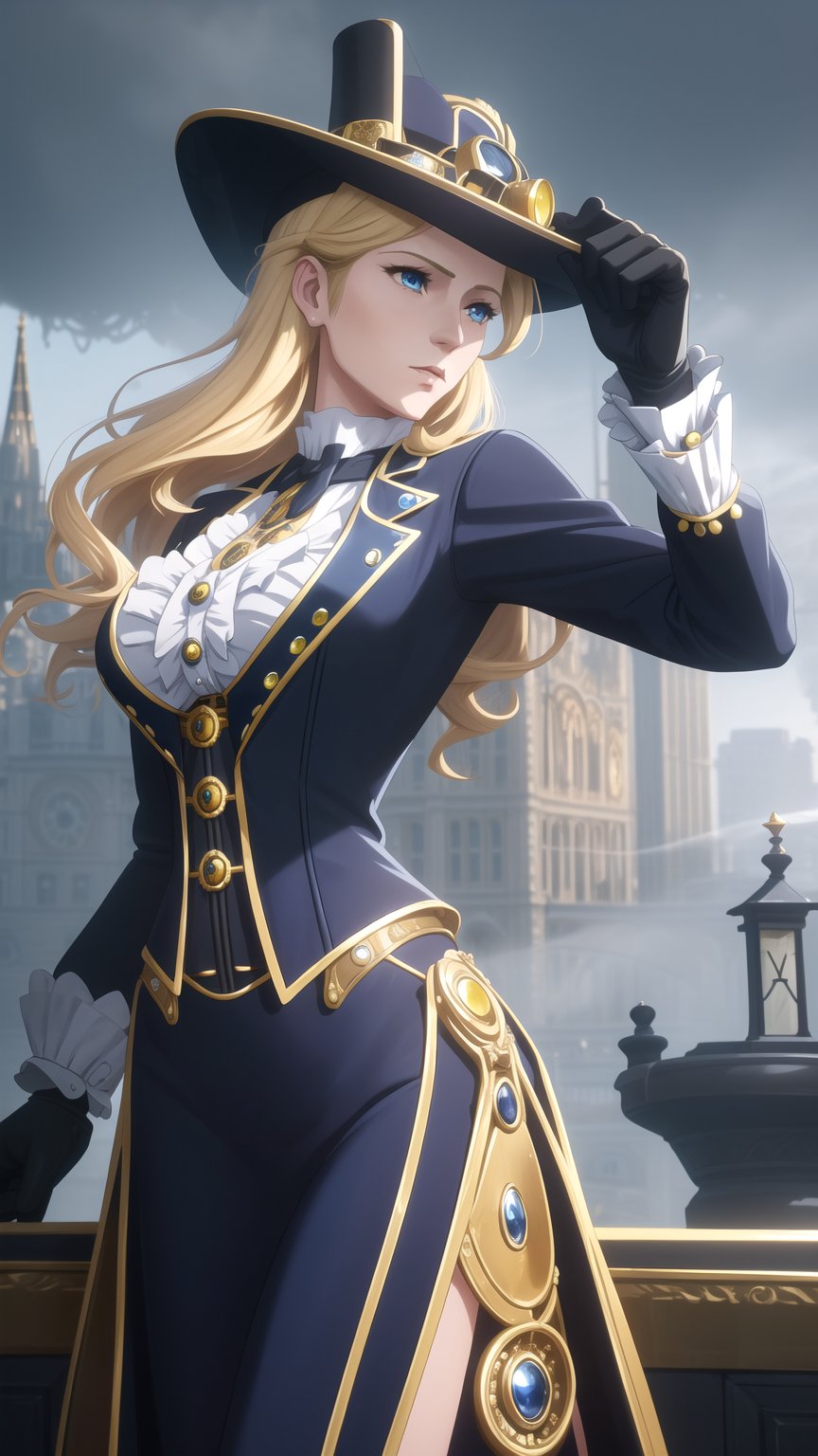 Anime-Style Image of An Elegant 28-Year-Old British Female Detective, (Long Wavy Blonde Hair), (Sapphire Blue Eyes), (Fair Skin), (Dressed in Black and Yellow Victorian Detective Garb with Hat:1.4), (Foggy London Streets:1.2), (Elegant Pose:1.2), (Waist Up Shot), (View From Front), Realistic Lighting, Intricate Face Detail, Intricate Hand Details, Vibrant Colors, Highly Detailed, High Definition, Trending on Artstation--style raw,arcane style