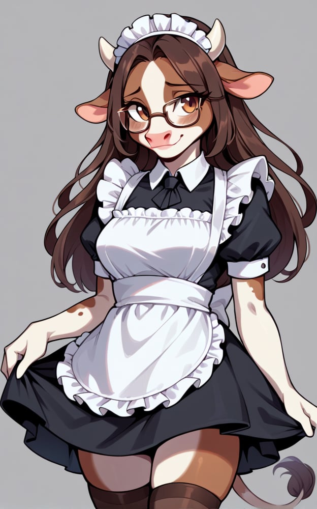 masterpiece, score_8_up, closed mouth, grey background, still, firm, solo, 

looking at viewer, grey background, cowboy shot, 

 anthro, cow, female, maid, shy, glasses, thighhighs, smile, long hair,