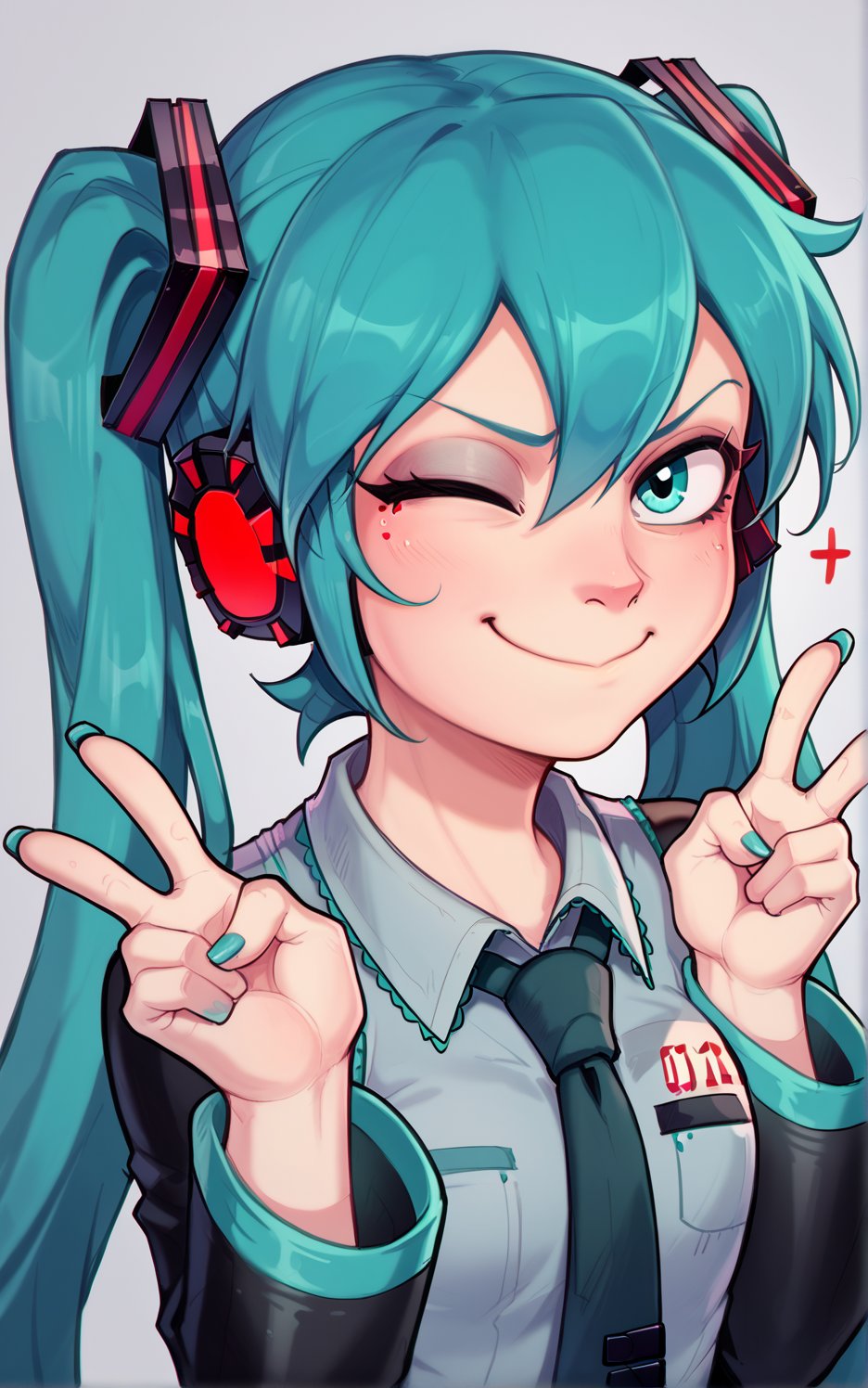 masterpiece, Shadman, score_8_up, closed mouth, grey background, hatsune_miku, smug, wink, peace symbol,