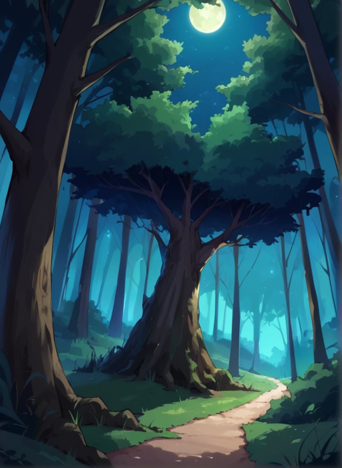 best quality, consistency, masterpiece, score_8, high detailed face,high quality, cartoon, score anime, 

big tree, night, runes forest, 