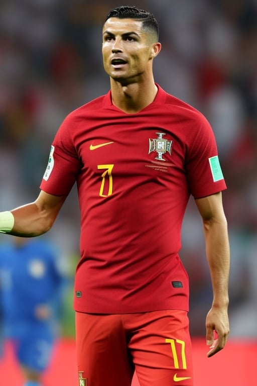 portrait of crisron person, close_up portrait, In the heart of the football frenzy, a Portuguese football maestro takes center stage. Clad in the iconic jersey of the national team, he stands poised near the opponent's goal, determination etched on his face as he aims to score a goal for his country. The stadium, illuminated by the vibrant night lights, pulsates with energy, and a sea of passionate fans fills the stands, waving Portuguese flags in a symphony of support.
The night sky adds an air of drama to the scene, with the floodlights casting a spotlight on the action. The stadium is alive with the collective roar of the crowd, and the flags of Portugal flutter proudly in the electrified atmosphere. The 8K resolution captures every detail with stunning clarity—the beads of sweat on the player's forehead, the intensity in his eyes, and the meticulous stitching of the team jersey.
This portrait is a celebration of football, a fusion of skill and emotion frozen in time. The cinematic color palette, reminiscent of classic sports films, adds a timeless quality to the image, making it not just a photograph but a visual narrative of the beautiful game at its most exhilarating moment.