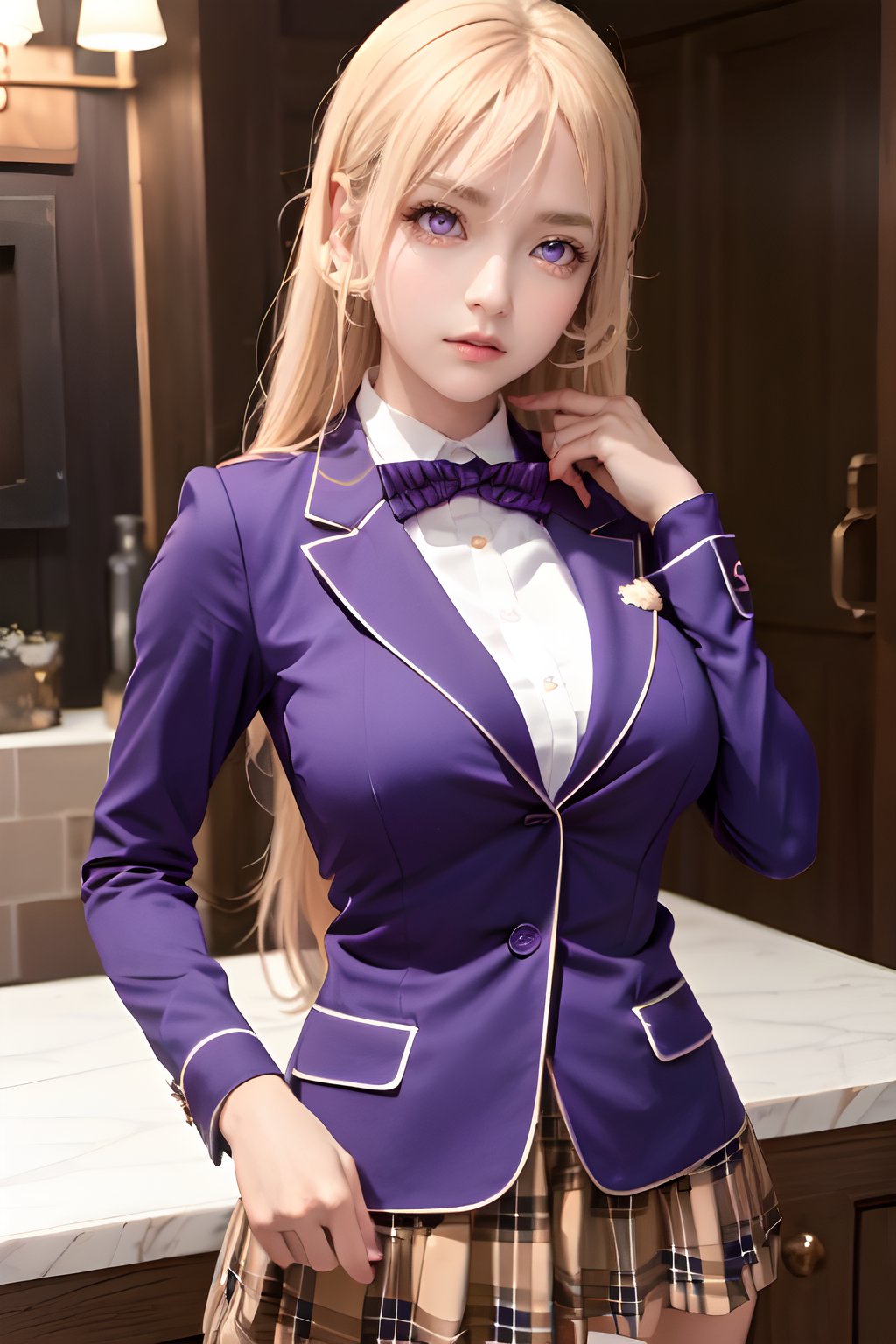 Nakiri Erina, tall body, tall, long legs, mature female, mature, adult, solo, long hair, breasts, looking at viewer, big breasts, upper body, hair between eyes, blond hair, buttons, (masterpiece:1.2), Best quality, a high resolution, unity 8k wallpaper, illustration, (Beautiful detailed purple eyes:1.3), shows a radiant smile, fascinating lighting game, red bow, striped bow,blazer, blue jacket, long sleeves,plaid skirt, brown skirt,black thighhighs