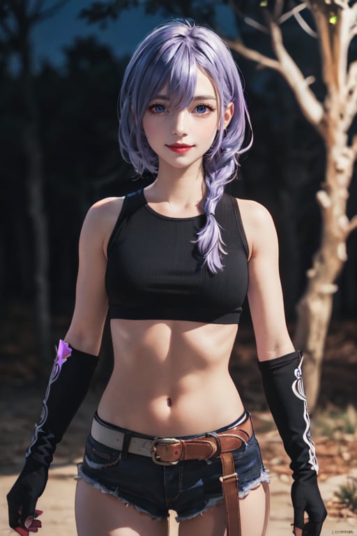 outdoors, night, forrest,1girl, Luna, medium breasts, looking at the viewer, blue eyes, purple hair, braid, black sports bra, thighhighs, belt, navel, short shorts, fingerless gloves (masterpiece:1.2), Best quality, a high resolution, unity 8k wallpaper, (illustration:0.8), (Beautiful detailed eyes:1.6), very detailed face, athletic figure, pronounced abs