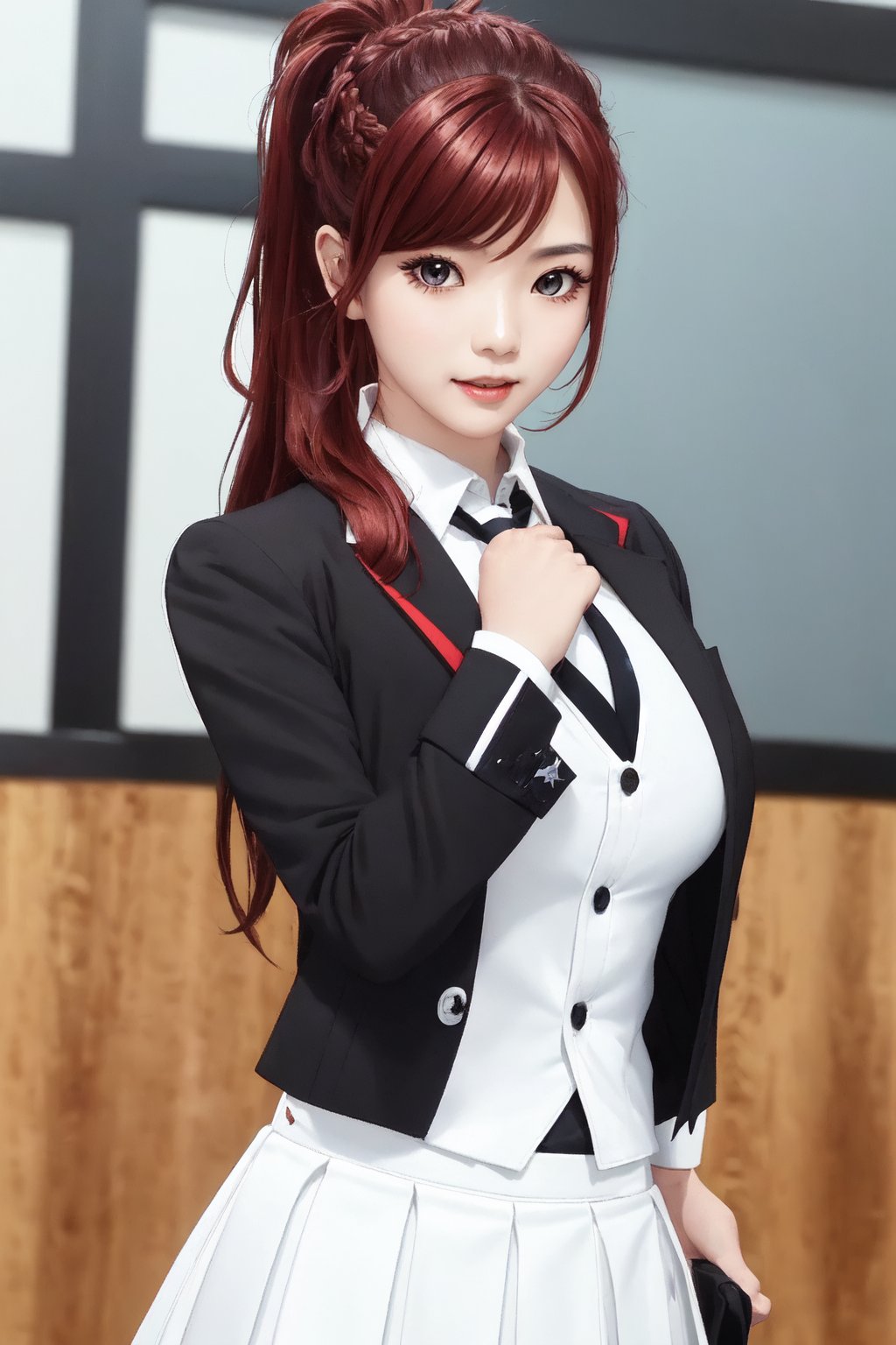 kaede kazama, long hair, bangs, (red eyes:1.3), ponytail, braid, sidelocks, red hair, smile, huge breasts, (joy:1.3)
BREAK (white skirt:1.3), long sleeves, school uniform, necktie, collared shirt, uniform, (black shirt:1.5), (white suit:1.5), blue necktie, (blue tie:1.2)
BREAK indoors, classroom,
BREAK looking at viewer, (cowboy shot:1.5), close-up
BREAK (masterpiece:1.2), best quality, high resolution, unity 8k wallpaper, (illustration:0.8), (beautiful detailed eyes:1.6), extremely detailed face, perfect lighting