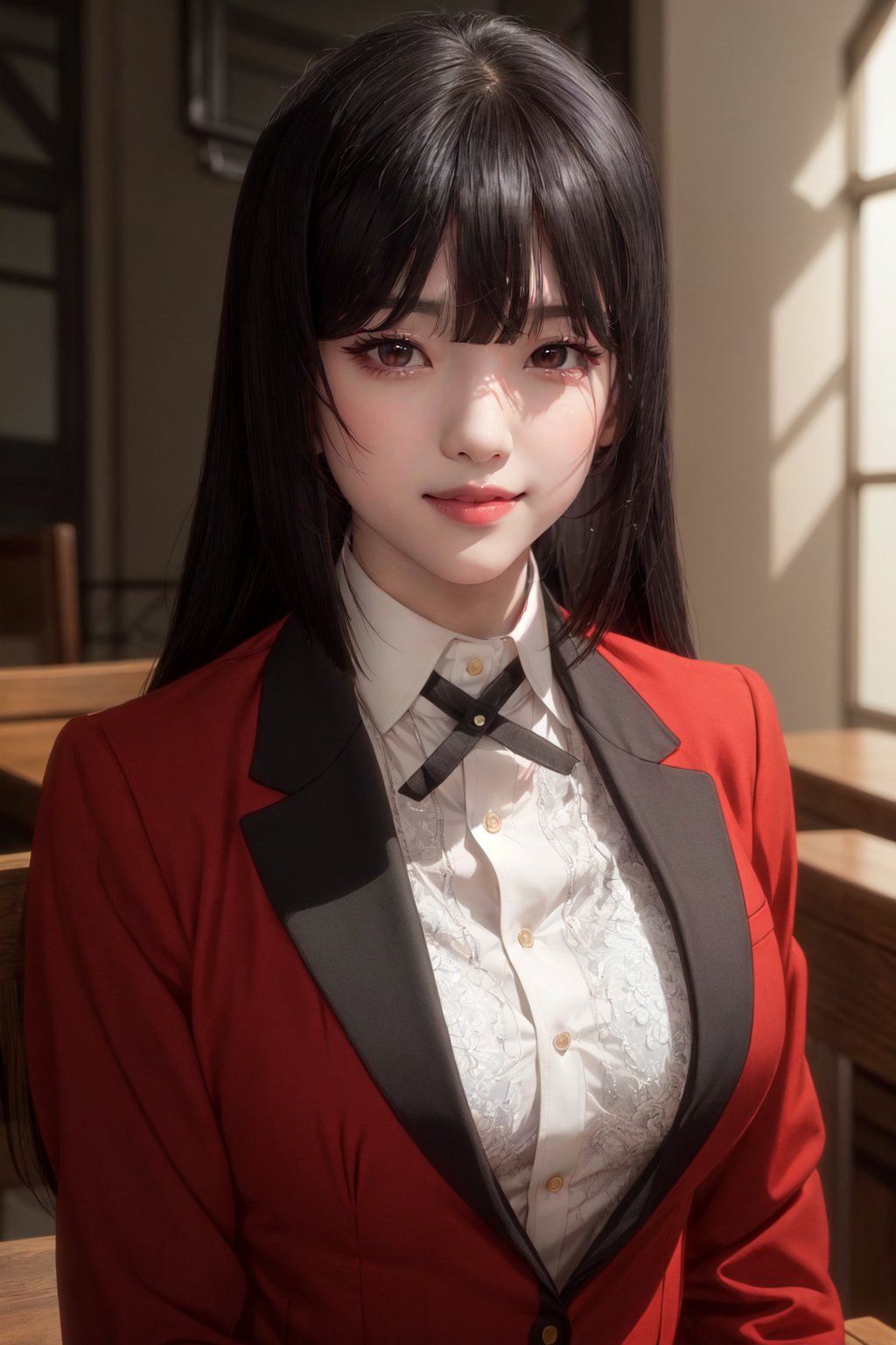 full body shot,  (masterpiece,  best quality),  (finely detailed beautiful eyes: 1.2),  (extremely detailed CG unity 8k wallpaper,  masterpiece,  ultra-detailed,  best shadow),  (detailed background),  (beautiful detailed face,  beautiful detailed eyes),  High contrast,  (best illumination,  an extremely delicate and beautiful),  dynamic angle,  beautiful detailed glow,  official art,  ultra detailed,  beautiful and aesthetic,  masterpiece,  best quality,  realistic,  nsfw, pikkyyumeko, 1girl, solo, looking at viewer, black hair, bangs, blunt bangs, long hair, very long hair, hime cut, red eyes, glowing eyes, breasts, large breasts, school uniform, shirt, red jacket, jacket, white shirt, collared shirt, lips, blazer, (smile:1.3)