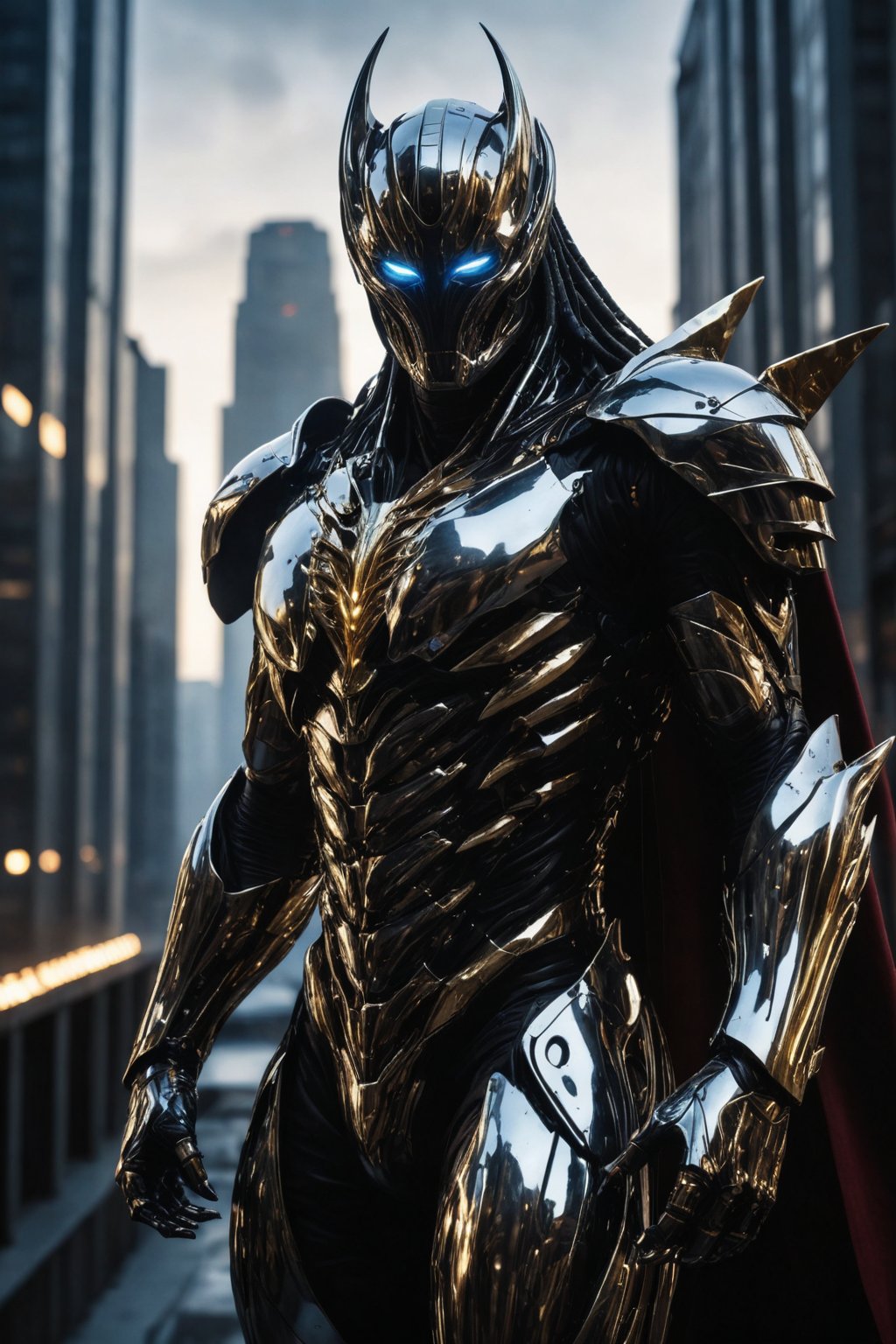 A futuristic super hero stands tall, full-body portrait in polished chrome armor with intricate gold and burgundy accents. Glowing blue eyes pierce through the darkness, illuminating a cityscape at dusk. Craig Mullins and H.R. Giger's character design brings forth a sense of otherworldly strength. Realistic digital painting captures every detail, from the armored suit to the subject's determined pose. Cinematic lighting highlights the hero's figure against a misty blue-gray sky, as if suspended in mid-air. A 4K resolution masterpiece, this portrait embodies the essence of futuristic super heroism, boiling black light-absorbing material