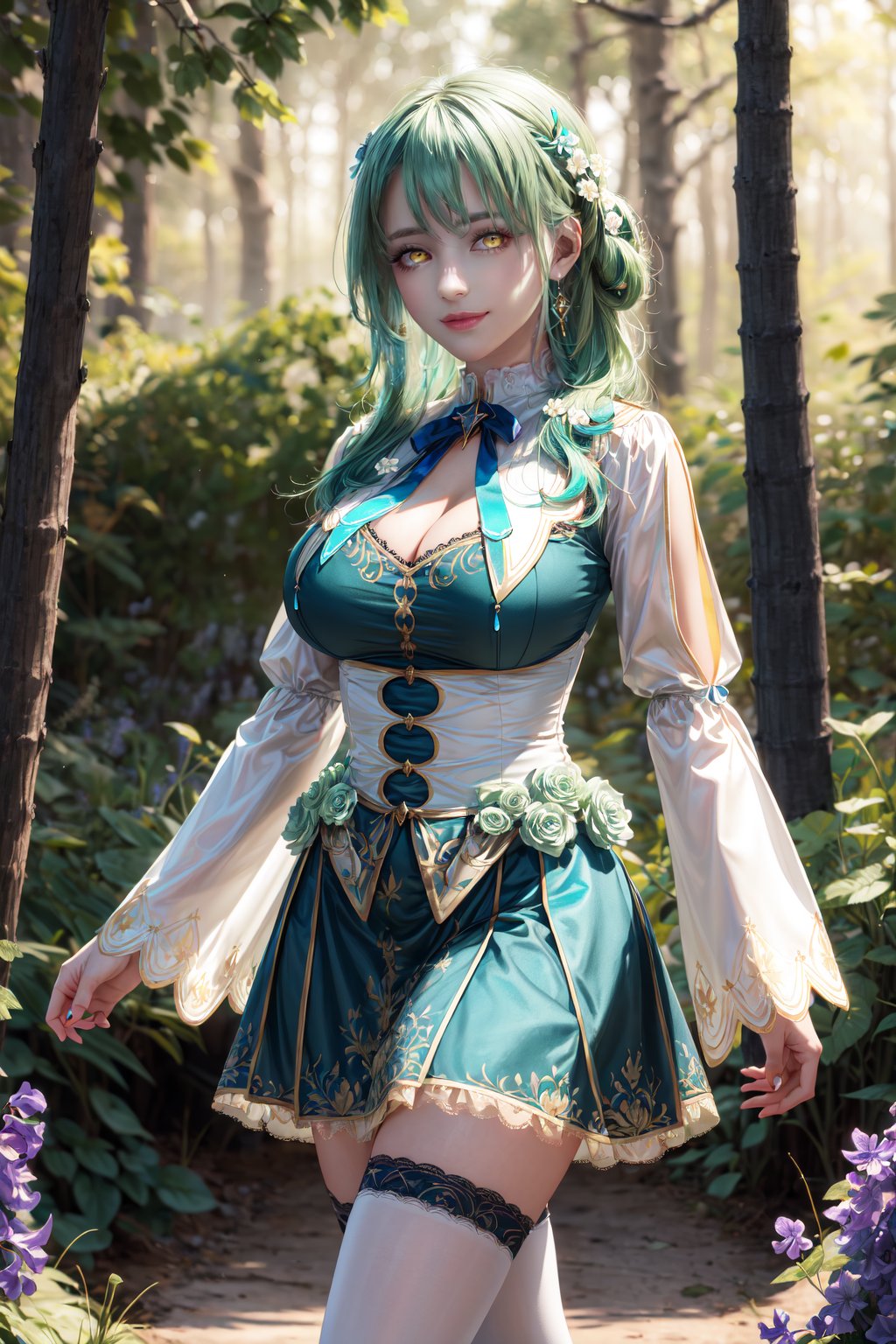 masterpiece, best quality, highres, hmcf, long hair, braided bangs, hair flower, (yellow eyes:1.3), large breasts, jewelry, dress, cleavage, wide sleeves, green flower, single thighhigh, white thighhighs, cowboy shot, standing, forest, smile, (violets flowers on the head) 