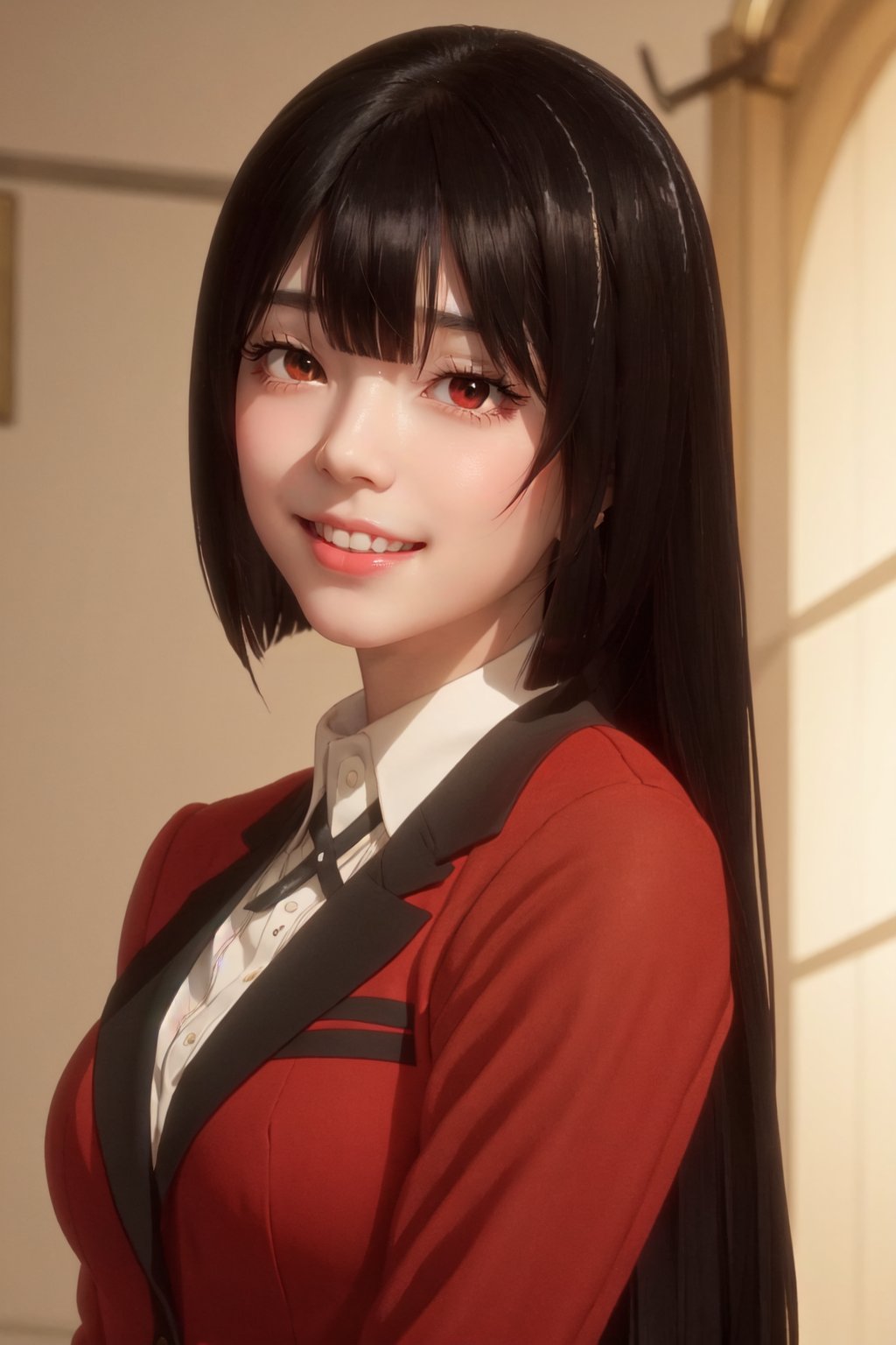 full body shot,  (masterpiece,  best quality),  (finely detailed beautiful eyes: 1.2),  (extremely detailed CG unity 8k wallpaper,  masterpiece,  ultra-detailed,  best shadow),  (detailed background),  (beautiful detailed face,  beautiful detailed eyes),  High contrast,  (best illumination,  an extremely delicate and beautiful),  dynamic angle,  beautiful detailed glow,  official art,  ultra detailed,  beautiful and aesthetic,  masterpiece,  best quality,  realistic,  nsfw, pikkyyumeko, 1girl, solo, looking at viewer, black hair, bangs, blunt bangs, long hair, very long hair, hime cut, red eyes, glowing eyes, breasts, large breasts, school uniform, shirt, red jacket, jacket, white shirt, collared shirt, lips, blazer, (smile:1.5), yandere trance,hands on own cheeks