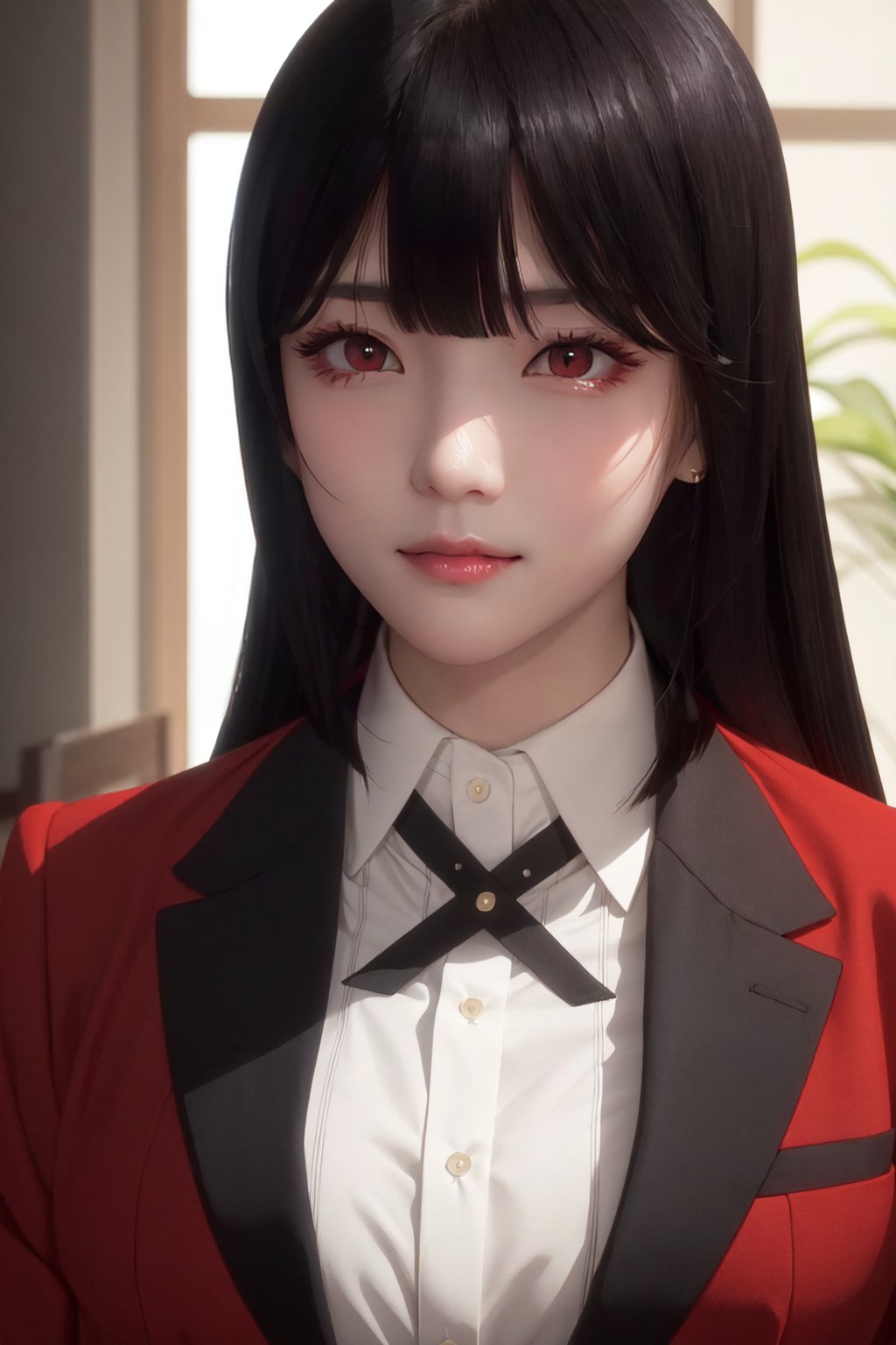 full body shot,  (masterpiece,  best quality),  (finely detailed beautiful eyes: 1.2),  (extremely detailed CG unity 8k wallpaper,  masterpiece,  ultra-detailed,  best shadow),  (detailed background),  (beautiful detailed face,  beautiful detailed eyes),  High contrast,  (best illumination,  an extremely delicate and beautiful),  dynamic angle,  beautiful detailed glow,  official art,  ultra detailed,  beautiful and aesthetic,  masterpiece,  best quality,  realistic,  nsfw, pikkyyumeko, 1girl, solo, looking at viewer, black hair, bangs, blunt bangs, long hair, very long hair, hime cut, red eyes, glowing eyes, breasts, large breasts, school uniform, shirt, red jacket, jacket, white shirt, collared shirt, lips, blazer, smile