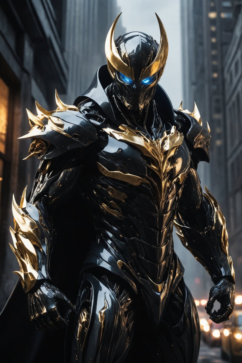 A futuristic super hero stands tall, full-body portrait in polished chrome armor with intricate gold and burgundy accents. Glowing blue eyes pierce through the darkness, illuminating a cityscape at dusk. Craig Mullins and H.R. Giger's character design brings forth a sense of otherworldly strength. Realistic digital painting captures every detail, from the armored suit to the subject's determined pose. Cinematic lighting highlights the hero's figure against a misty blue-gray sky, as if suspended in mid-air. A 4K resolution masterpiece, this portrait embodies the essence of futuristic super heroism, (boiling black wood material) 