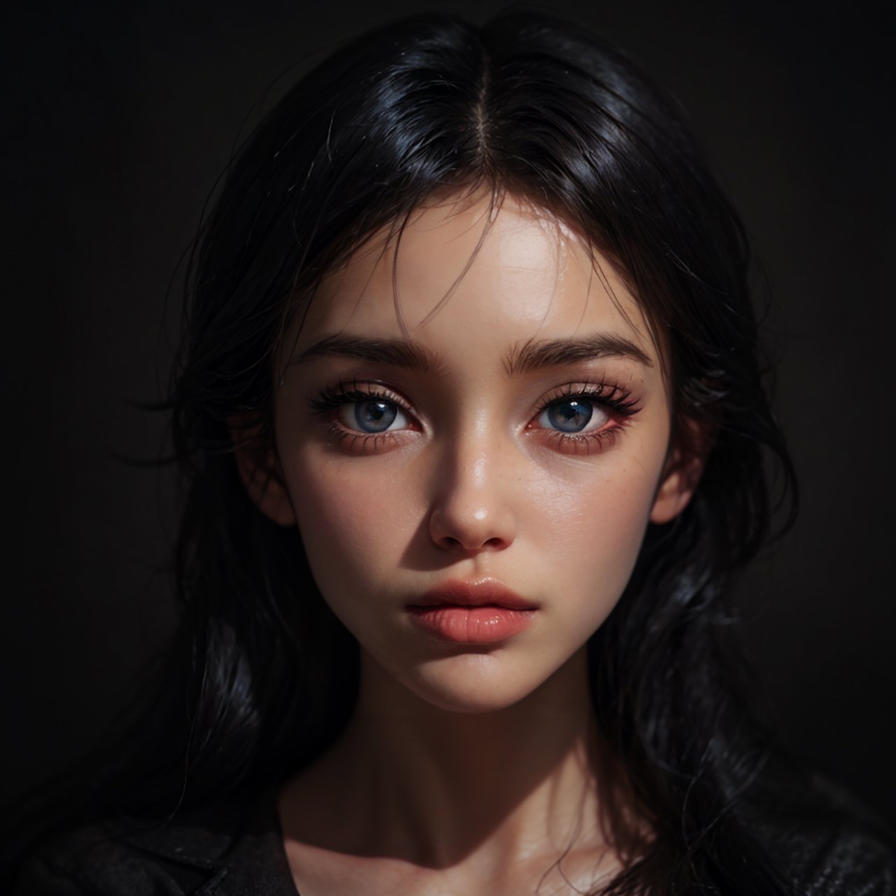 long hair,dark hair, black hair,dark theme, soothing tones,muted colors, high contrast, (natural skin texture, hyperrealism, soft light, sharp),simple background, big eyes, perfect eyes,Detailedface,big lips,perfecteyes, 