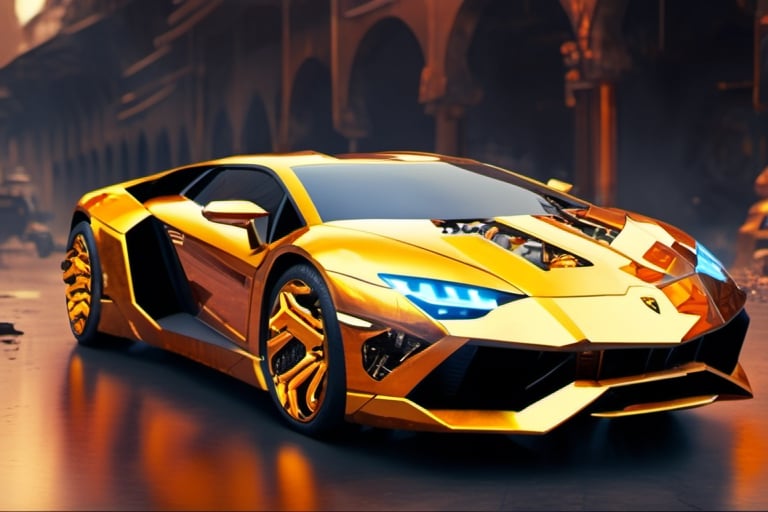 lamborghini, gold, cyborg style, science fiction environment