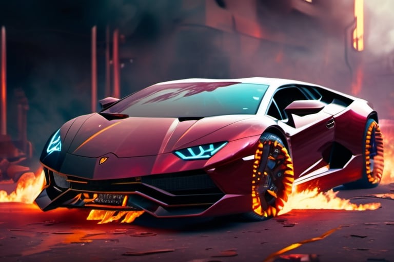 lamborghini on fire, maroon, cyborg style, science fiction environment