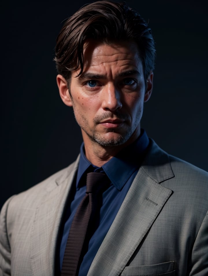 top quality, ultra high resolution, (realistic:1.4), (Image):1.1), [[a bit aged Andrew Garfield]], suit, black necktie, a bit aged guy, ((some black and grey hair in the tamples)), 50 years, wrinkles, ((very strong jawline)), some age spots, ((blue eyes)), disdain face, covered by some darkness, night background, red magic circles in background, (((blue eyes))