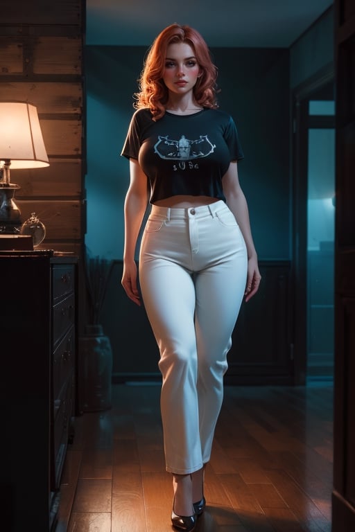 22yo russian redhead girl in old house, ((full body length)),(skinny:1.3, large breasts:1.1, firm breasts), wearing a plain cropped tshirt and loose cotton trousers, (shot from distance),  full body length shot,  depth of field,  (gorgeous:1.2, sexy),  detailed face,  dark theme,  night,  soothing tones,  dark colors,  high contrast,  (natural skin texture,  soft light,  sharp), (freckles:0.3),  (acne:0.3),  (messy hair:0.1),  Ultra detailed, best possible quality, Cannon EOS 5D Mark III,  85mm