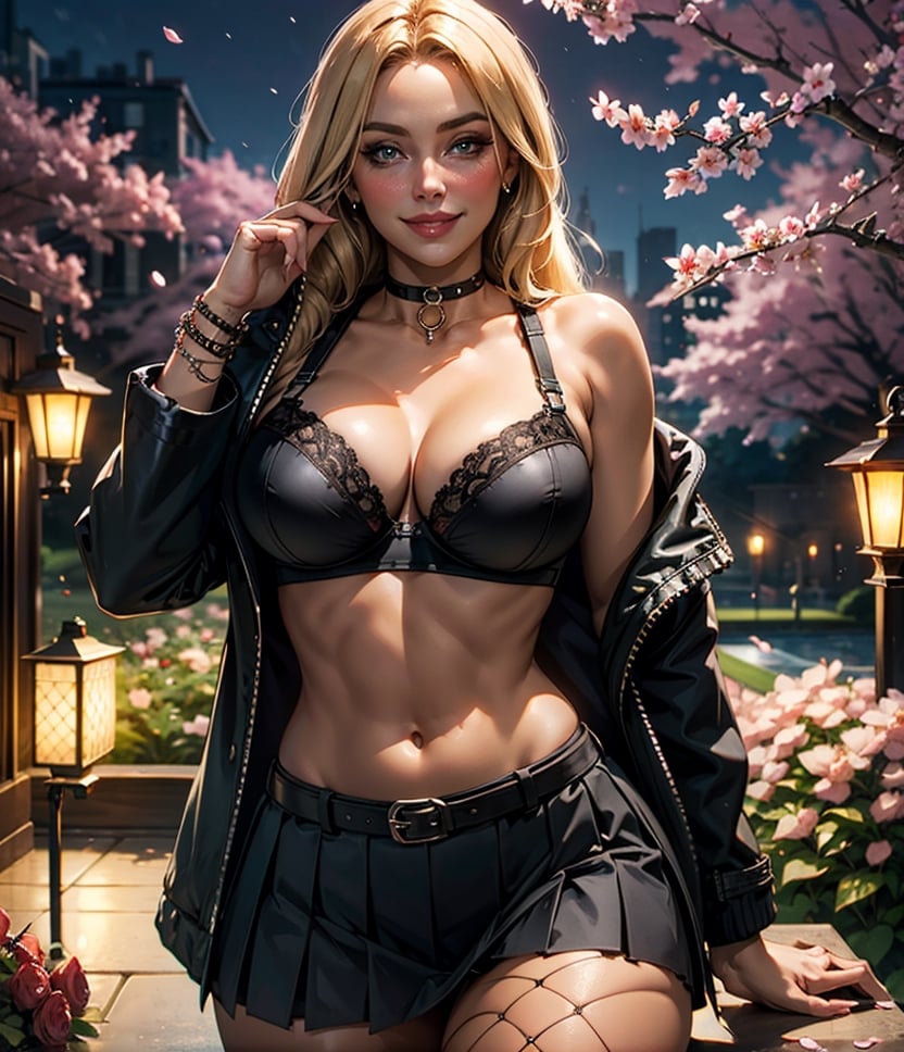 masterpiece,perspective,1girl looking_at_viewer blush blonde_long_hair medium_breasts curvy (blue_eyes:0.8), seat, naughty face, pleated skirt with belt,black skirt,track black jacket,multiple_bracelets,(fishnet:1.3) ,thigh straps,choker,thick thighs, black_bra,(squeeze own breast:1.3), Private gardeN,cherry blossoms,(buildings:0.8), blurry backgroud,(seductive_smile:1.2), 8k_uhd intricate_details complicated_background, Night, LamP lights
