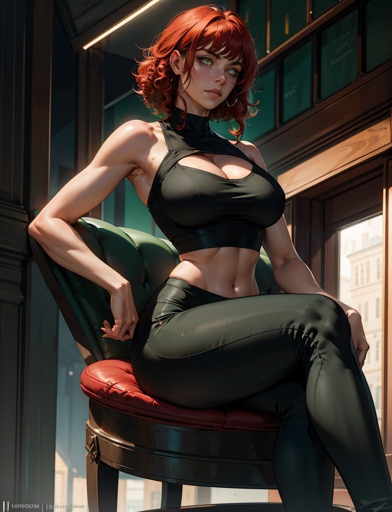 girl, green hair, ((red dyed bangs)), shoulder length hair, amber eyes, black top, white footwear, large breasts, thighs, cleavage, closed mouth,looking down, looking at self, cap, academia outfit, leggings, sweating, seat, detailed eyes, curly hair