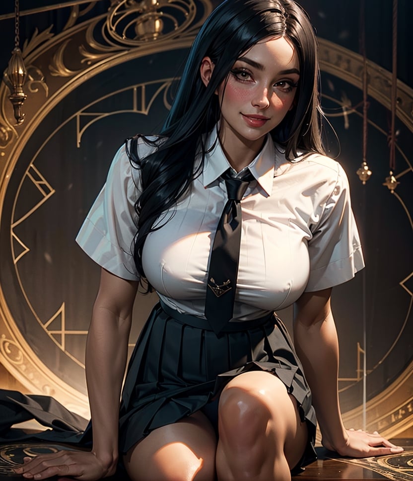 8k,masterpiece,highres,pov dating, girl 25 yo,solo,middle-aged,slut,gyaru,whore blush hanging_breasts, black_long hair, medium_breasts (red_eyes :0.8), (pleated skirt:1.3),black skirt,black mage robe,white shirt,collared shirt,red necktie,tight straps,(thick thighs:0.8),sitting on viewer, cowgirl position, (seductive_smile:1.1), 8k_uhd intricate_details solo complicated_background, office room, magic circle on background, Bloomers uder skirt
