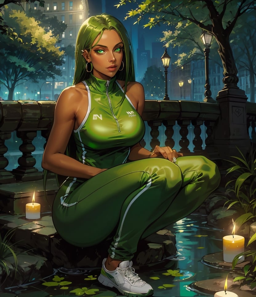 1girl, Narrow Hips, Round Face, Tanned Skin, Green Hair, Green Eyes, [[Curved Nose]], Thin Lips, Round Chin, Shoulder-Length Hair, Straight hair, firm breasts, Drop earrings, piercings, Balancing on hands and knees with spine parallel to the ground, Babbling brook in a park, detailed pupils, high quality, absurdres, night, candles, squating, tracksuit, chiclete on mouth, park street