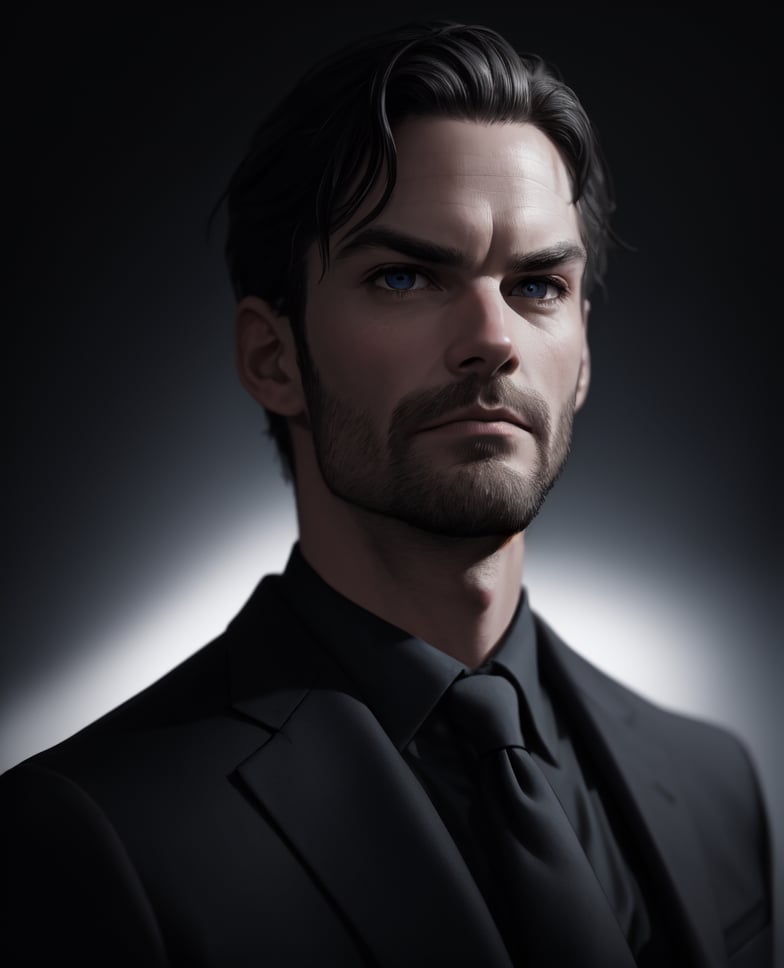 40yo german man, (skinny:1.3), slender, wearing a black suit, (shot from near), depth of field,  (gorgeous:1.2),  detailed face,  dark theme,  night,  soothing tones,  dark colors,  high contrast,  (natural skin texture,  soft light,  sharp), (acne:0.3),  (messy hair:0.1),  Ultra detailed, best possible quality, messing with tie, Daniel gillies, white skin, traditional art, ((art by Alex Ross)), blue eyed, ((daddy vibes))