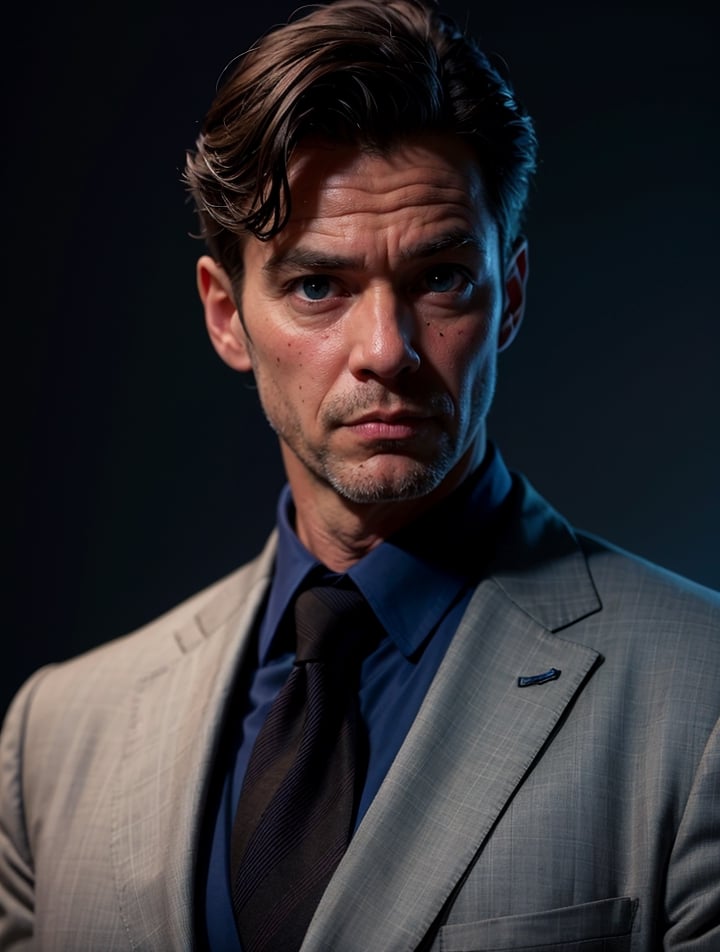 top quality, ultra high resolution, (realistic:1.4), (Image):1.1), [[a bit aged Andrew Garfield]], suit, black necktie, a bit aged guy, ((some black and grey hair in the tamples)), 50 years, wrinkles, ((very strong jawline)), some age spots, ((blue eyes)), disdain face, covered by some darkness, night background, red magic circles in background, (((blue eyes))