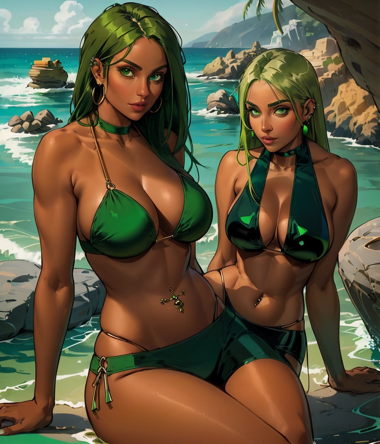 1girl, Narrow Hips, Round Face, Tanned Skin, Green Hair, Green Eyes, [[Curved Nose]], Thin Lips, Round Chin, Shoulder-Length Hair, Straight hair, firm breasts, Drop earrings, piercings, solo girl

beach, bikini, ((The woman is sitting on big rock))