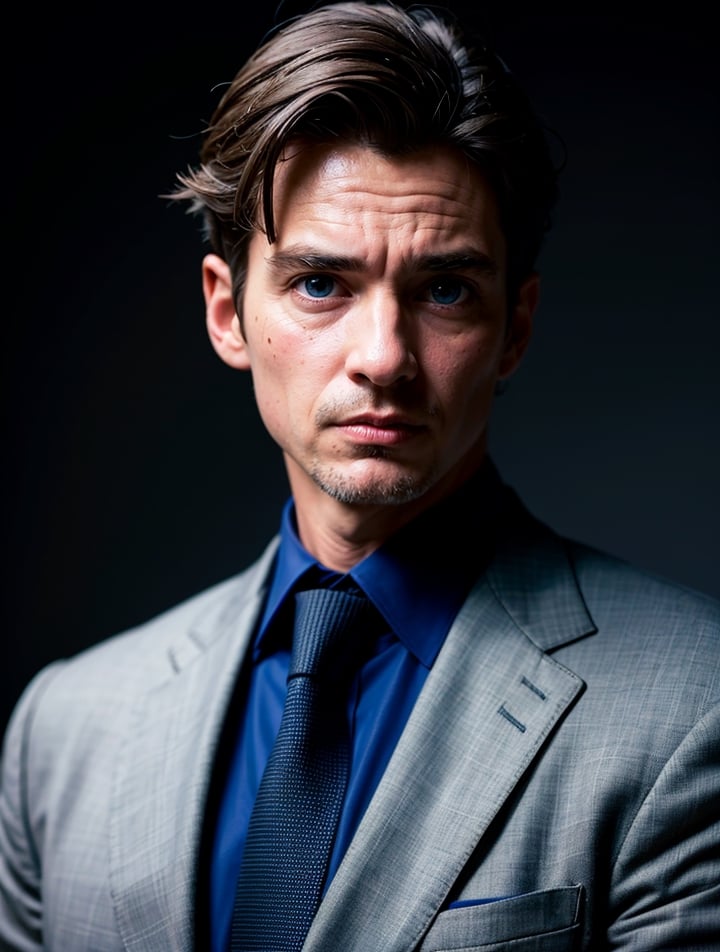 top quality, ultra high resolution, (realistic:1.4), (Image):1.1), [[a bit aged Andrew Garfield]], suit, black necktie, a bit aged guy, ((some black and grey hair in the tamples)), 50 years, wrinkles, ((very strong jawline)), some age spots, ((blue eyes)), disdain face, covered by some darkness, night background, red magic circles in background, (((blue eyes))