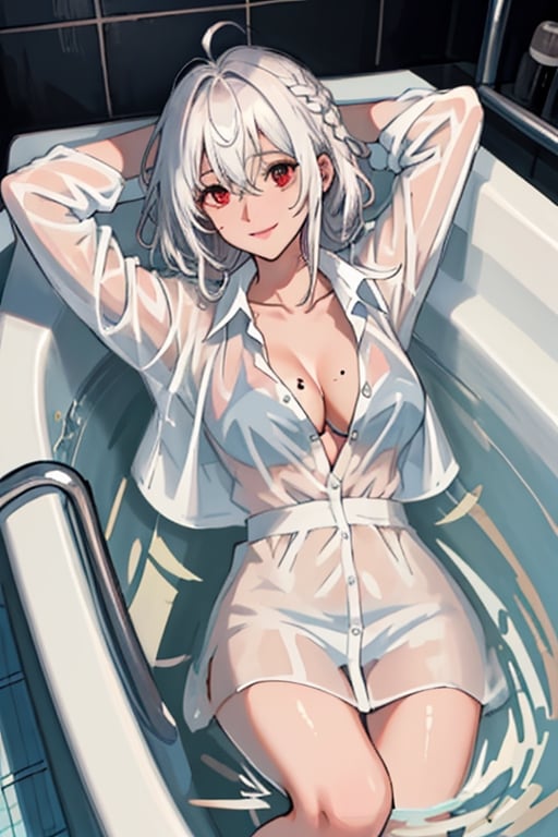 White_hair, 1girl, wet, wet_clothes, large_breasts, medium hair, red_eyes, rating:safe, smile, cleavage, looking_at_viewer, solo, hair_between_eyes, on_back, collarbone, water, kanroji_mitsuri, partially_submerged, tiles, bangs, shirt, ahoge, lying, eyebrows_visible_through_hair, see-through, partially_unbuttoned, bathtub, closed_mouth, long_sleeves, mole, bathing, tile_floor, white_shirt, bath, wet_shirt, collared_shirt, thighs, dress_shirt, antenna_hair, arm_up, hose, bikini, mole_under_eye, unbuttoned, twin_braids, coat, ((draw by Guido Crepax)), night