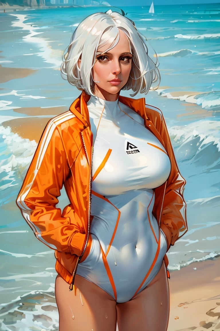 1girl, Gal, Tall, Narrow Hips, Round Face, White Hair, [[Curved Nose]], Thin Lips, Round Chin, Wavy Layered Bob, firm breasts, detailed pupils, high quality, absurdres, long straight hair

white swimsuit, white one-piece swimsuit, orange jacket, long sleeves, beach, frown, hands in pockets, standing, beach, blue swimsuit 